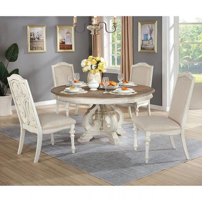 

    
Rustic Antique White & Ivory Solid Wood Round Dining Room Set 5pcs Furniture of America Arcadia
