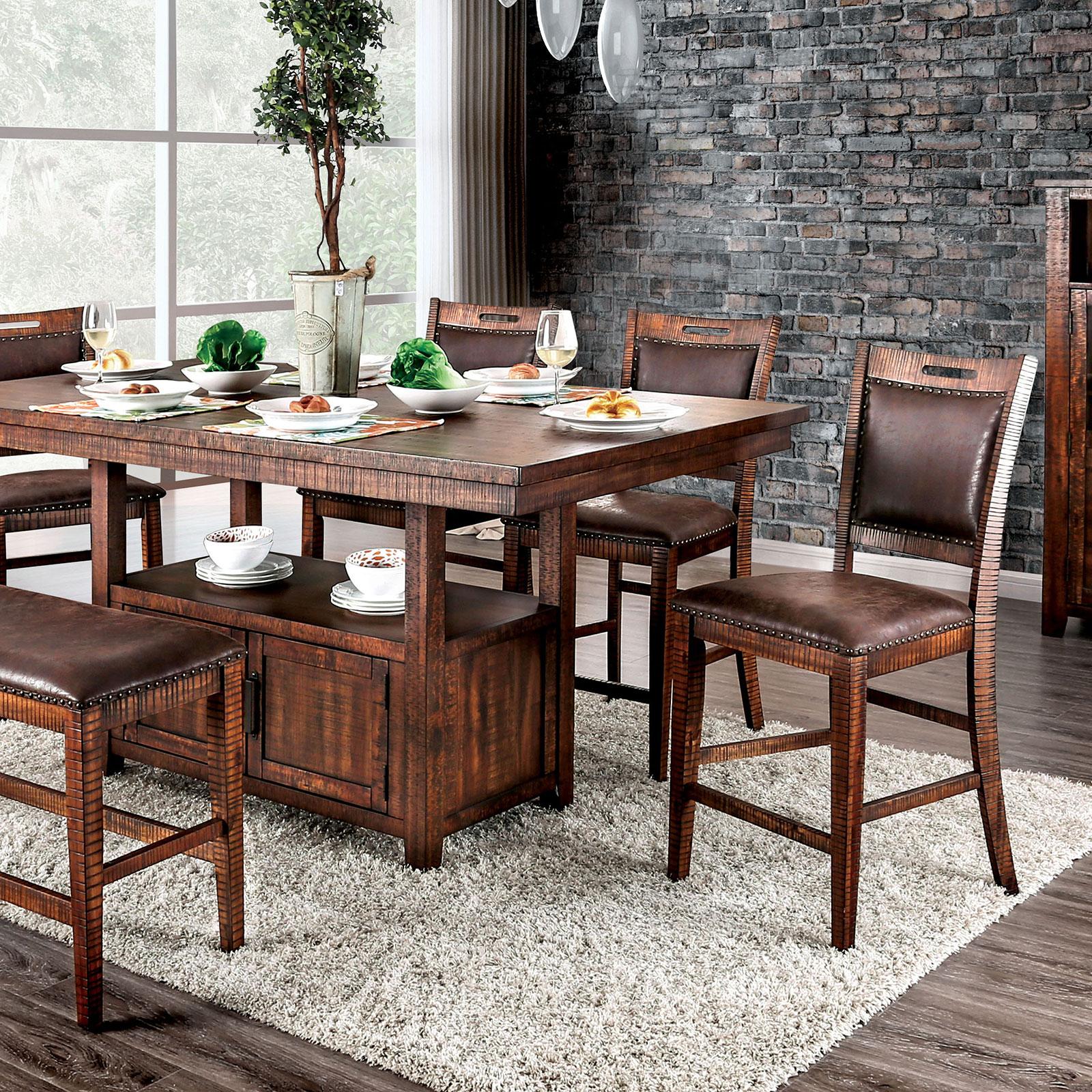 

    
Rustic Distressed Dark Oak Solid Wood Counter Height Table Set 6pcs Furniture of America Wichita
