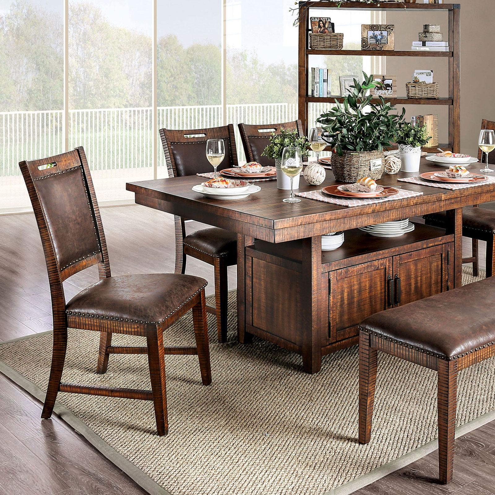 

    
Rustic Distressed Dark Oak Solid Wood Dining Room Set 5pcs Furniture of America Wichita
