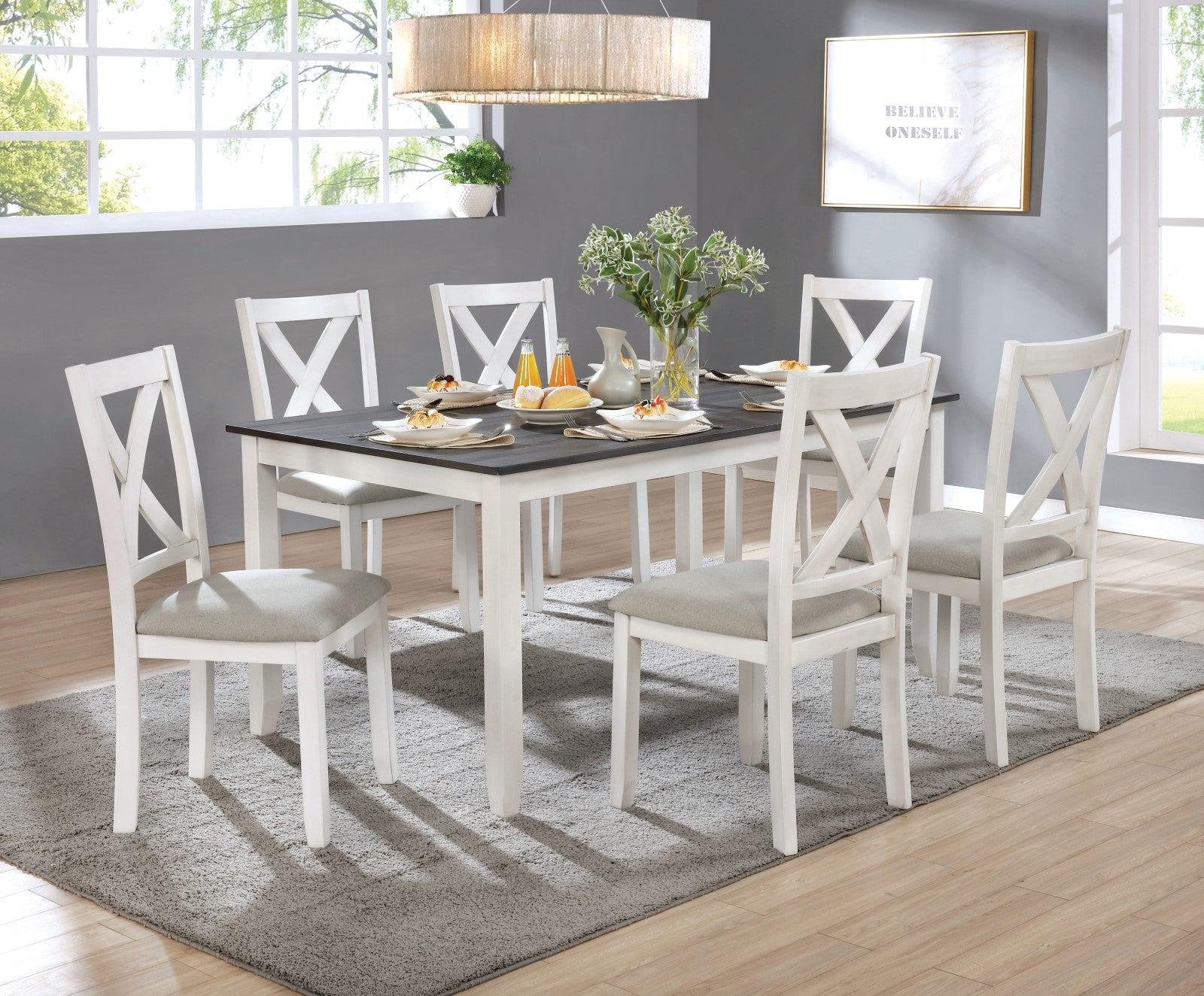 Rustic Dining Table Set CM3476WH-T-7PK Anya CM3476WH-T-7PK in White, Gray Fabric