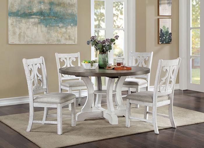 

    
Rustic Distressed White & Gray Solid Wood Round Dining Table Set 5pcs Furniture of America Auletta
