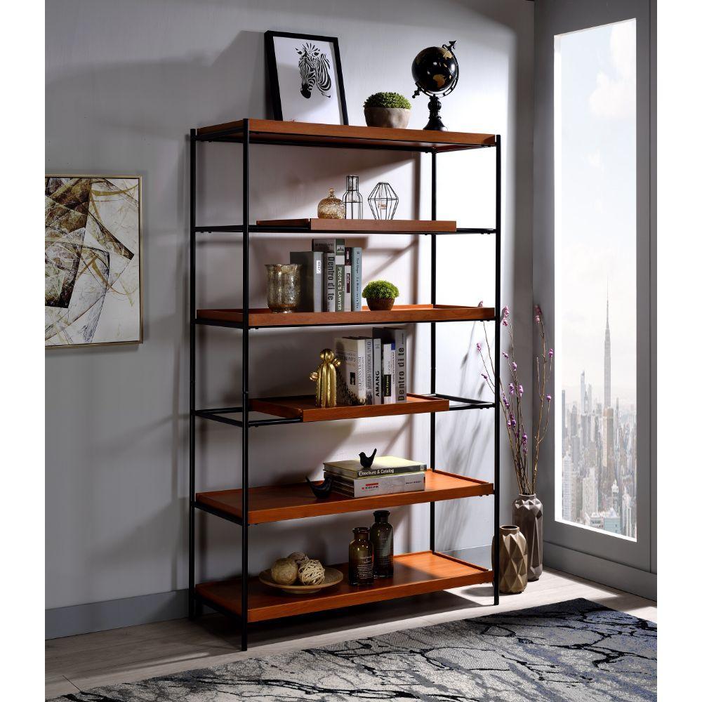 

    
Rustic Honey Oak & Black Bookshelf by Acme 92677
