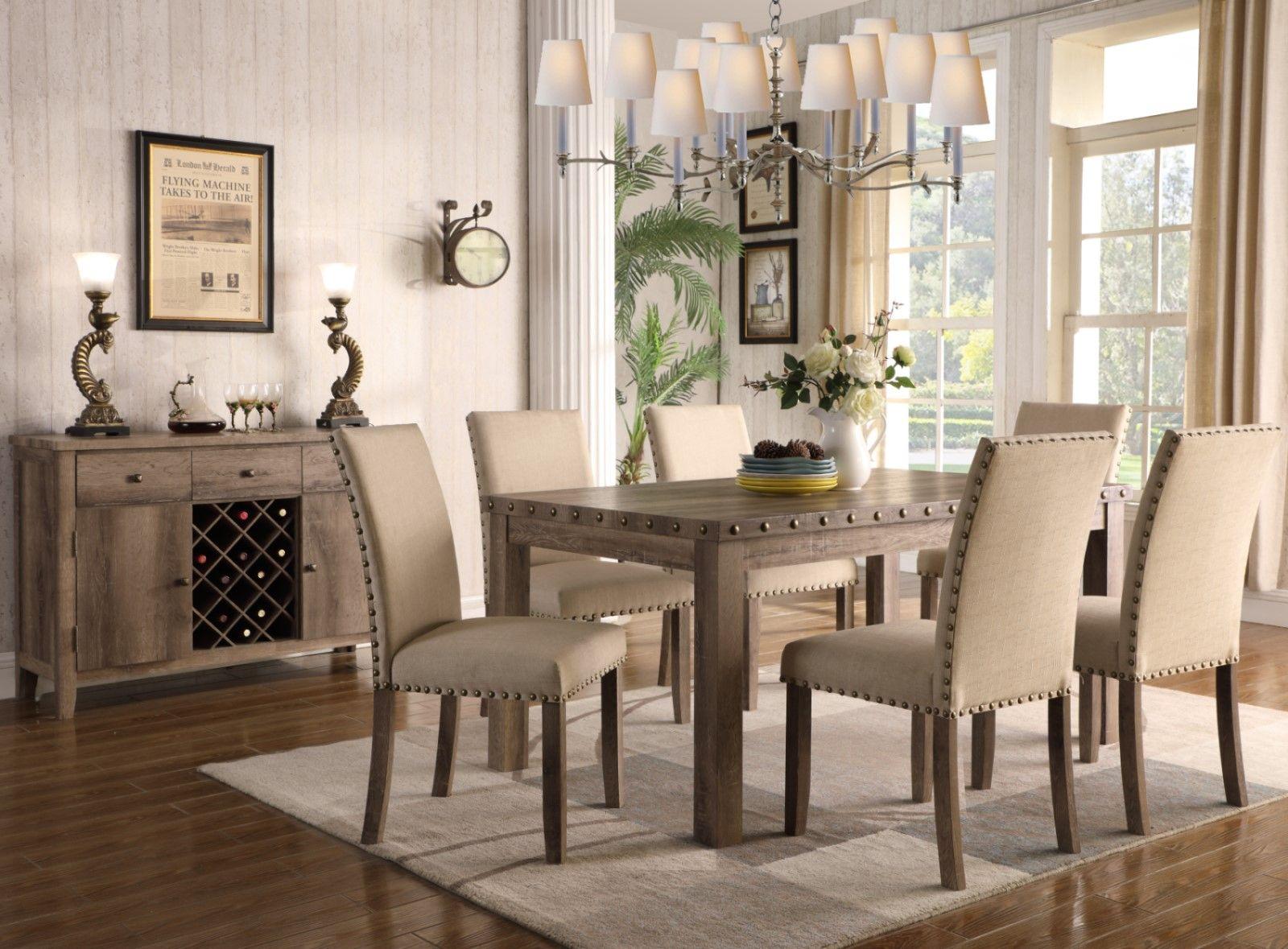 Rustic Dining Room Set D808 D808-7PC in Cream, Brown Fabric