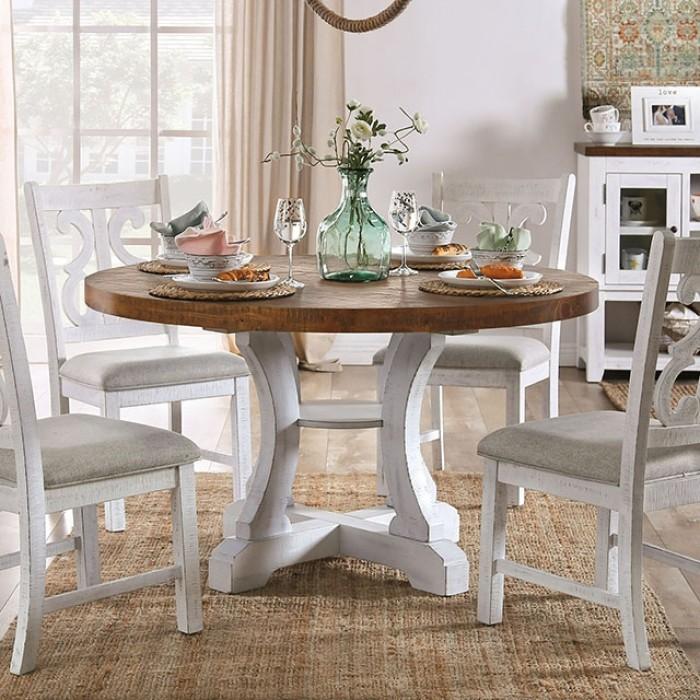 

    
Rustic White & Dark Oak Solid Wood Round Dining Table Set 5pcs Furniture of America CM3417RT Auletta

