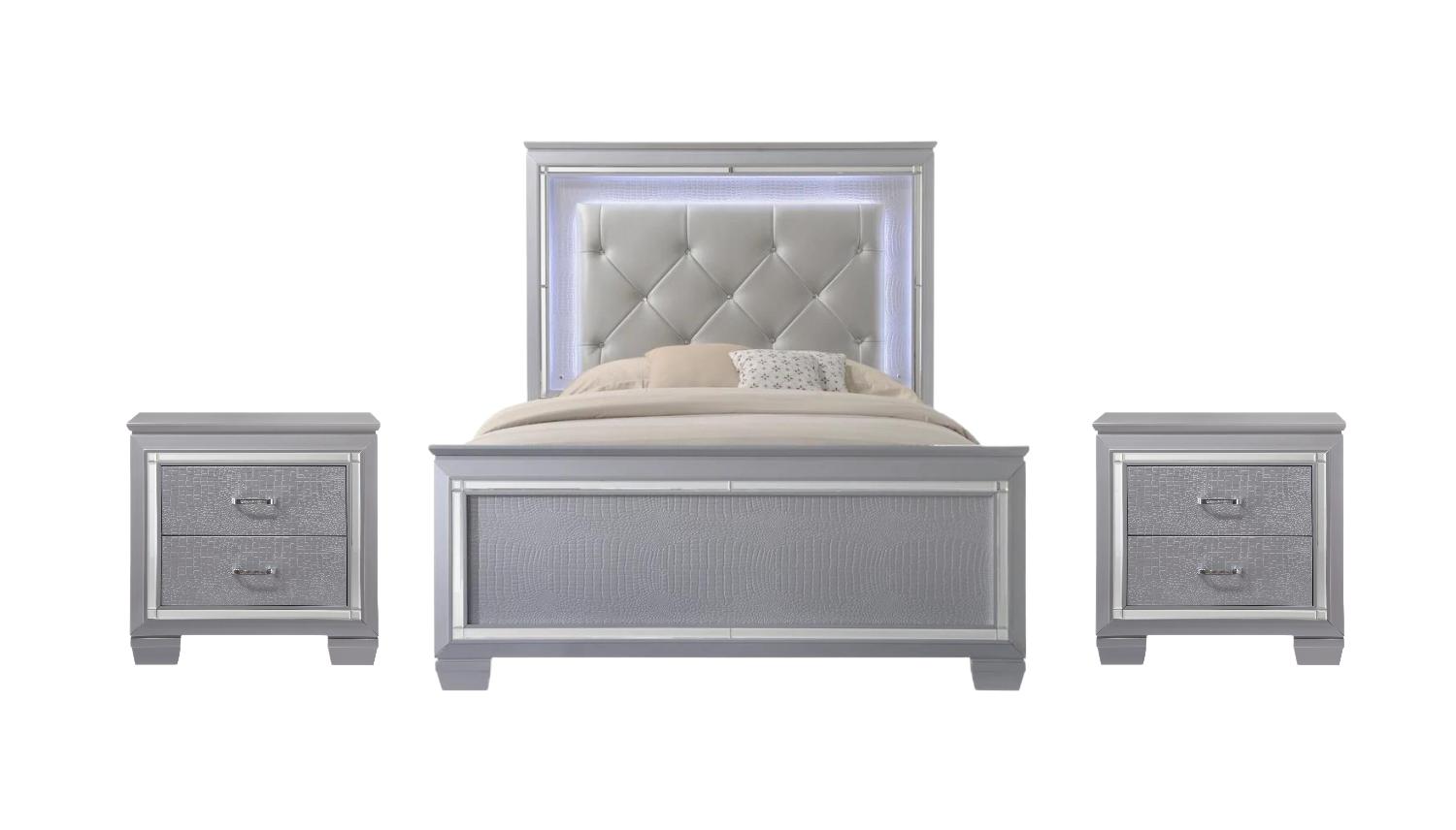 Modern Panel Bedroom Set Lillian B7100-Q-Bed-3pcs in Silver, Blue Crocodile Texture