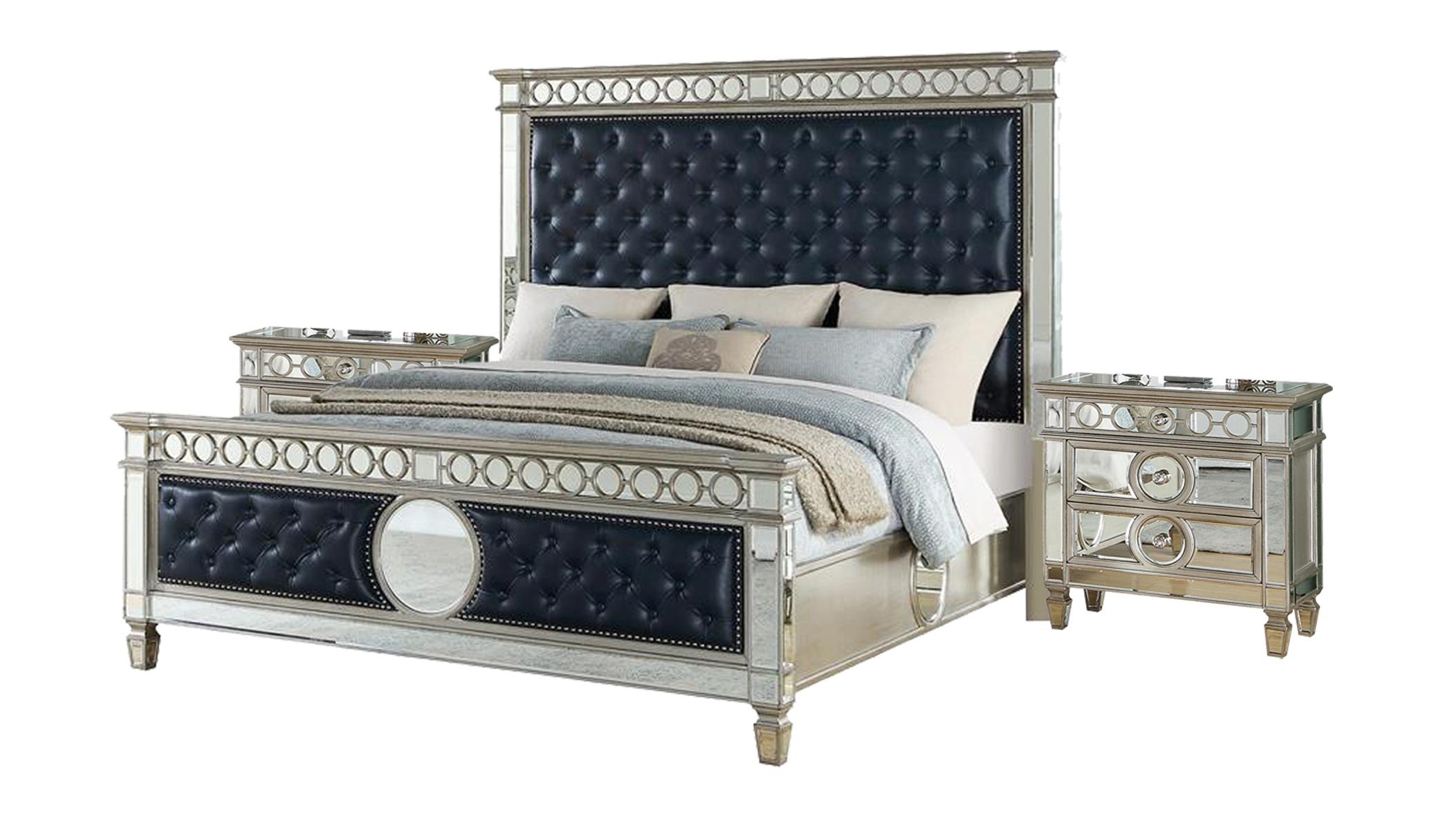 Contemporary Panel Bedroom Set Brooklyn Brooklyn-K-Set-3 in Navy, Silver Faux Leather