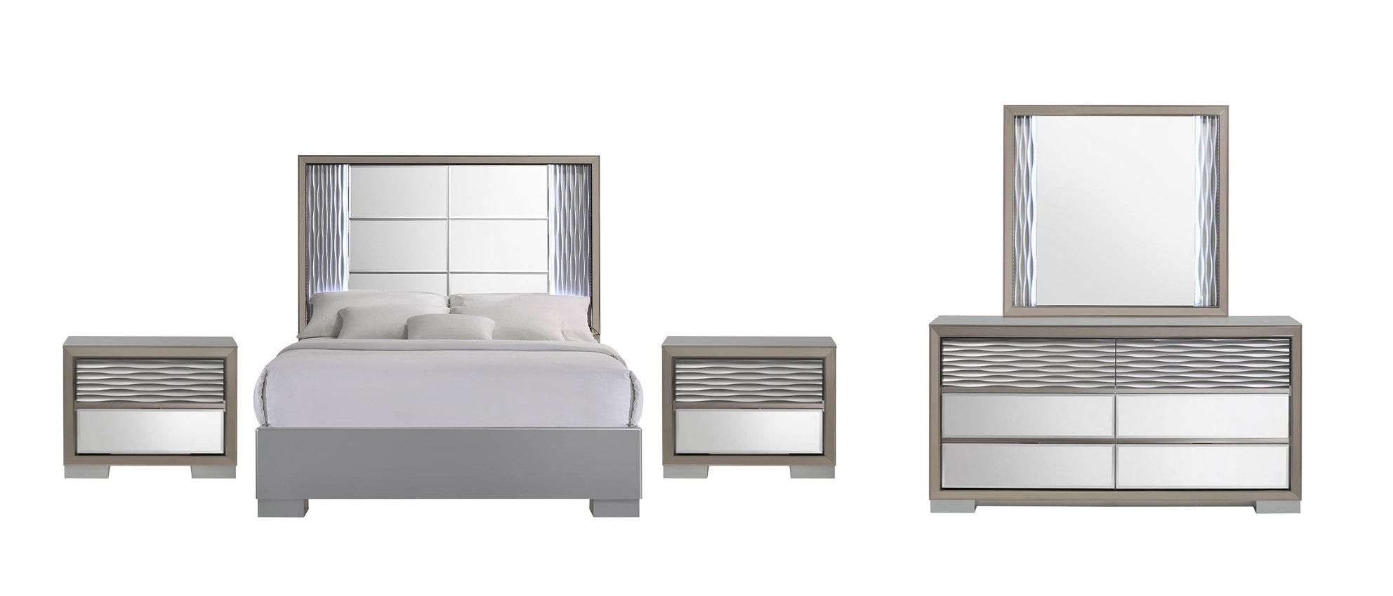 Contemporary Platform Bedroom Set SKYLINE SKYLINE-SILVER-QB-Set-5 in Mirrored, Silver 