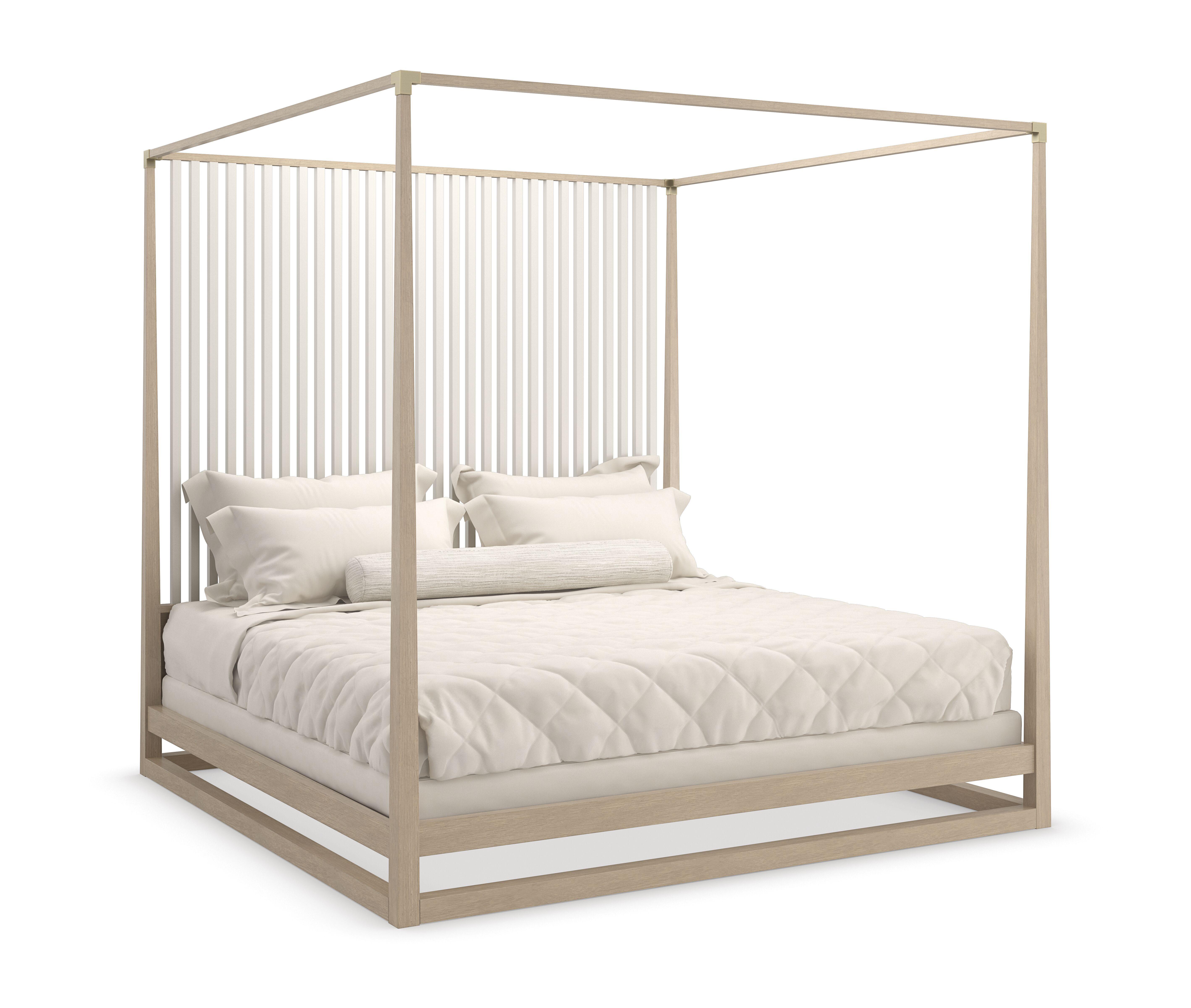 Contemporary Canopy Bed PINSTRIPE LIGHT CLA-022-102 in Almond, Champagne 