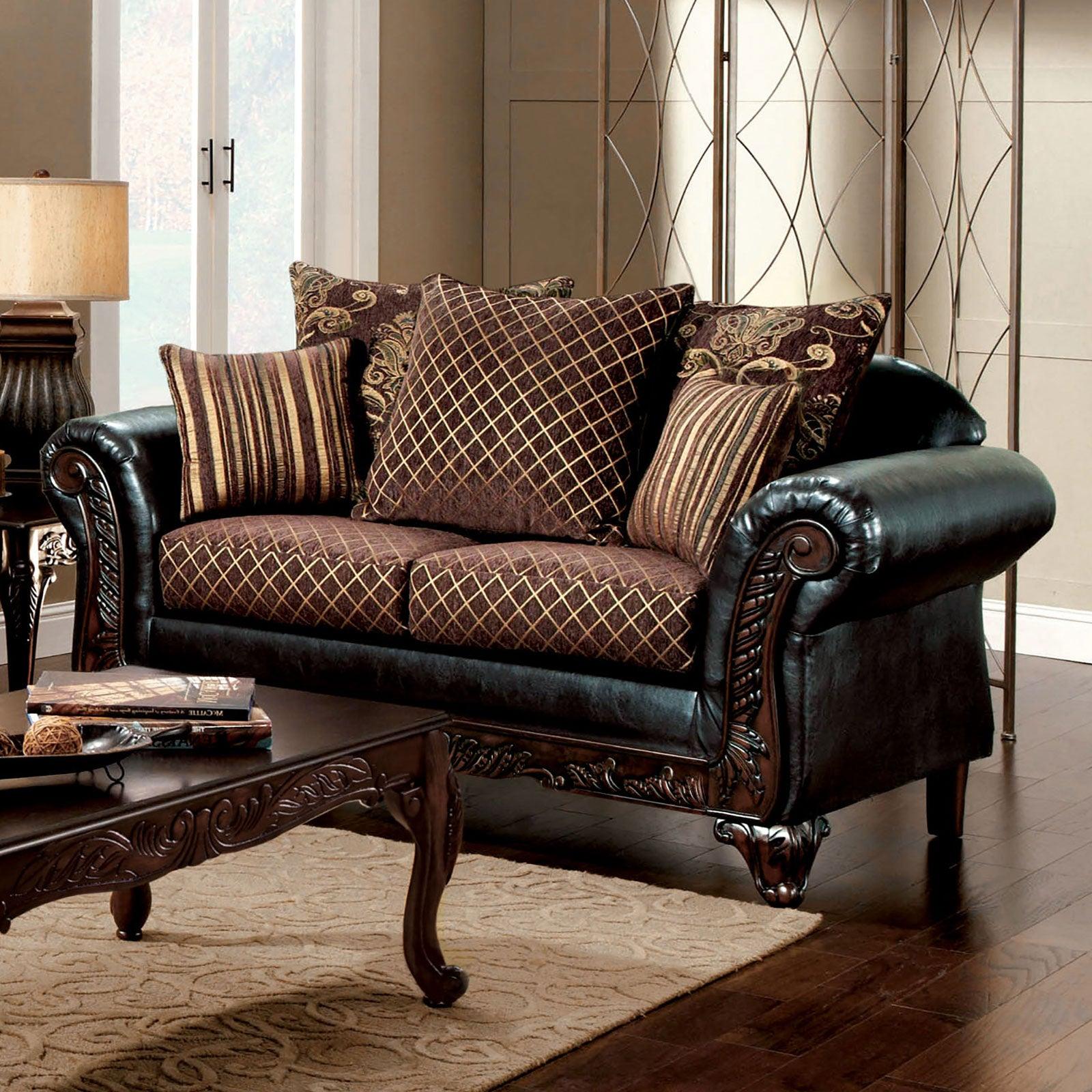 

    
Furniture of America SM7635N-6PC San Roque &amp; Cheshire Sofa Loveseat and Coffee Table Set Brown SM7635N-6PC
