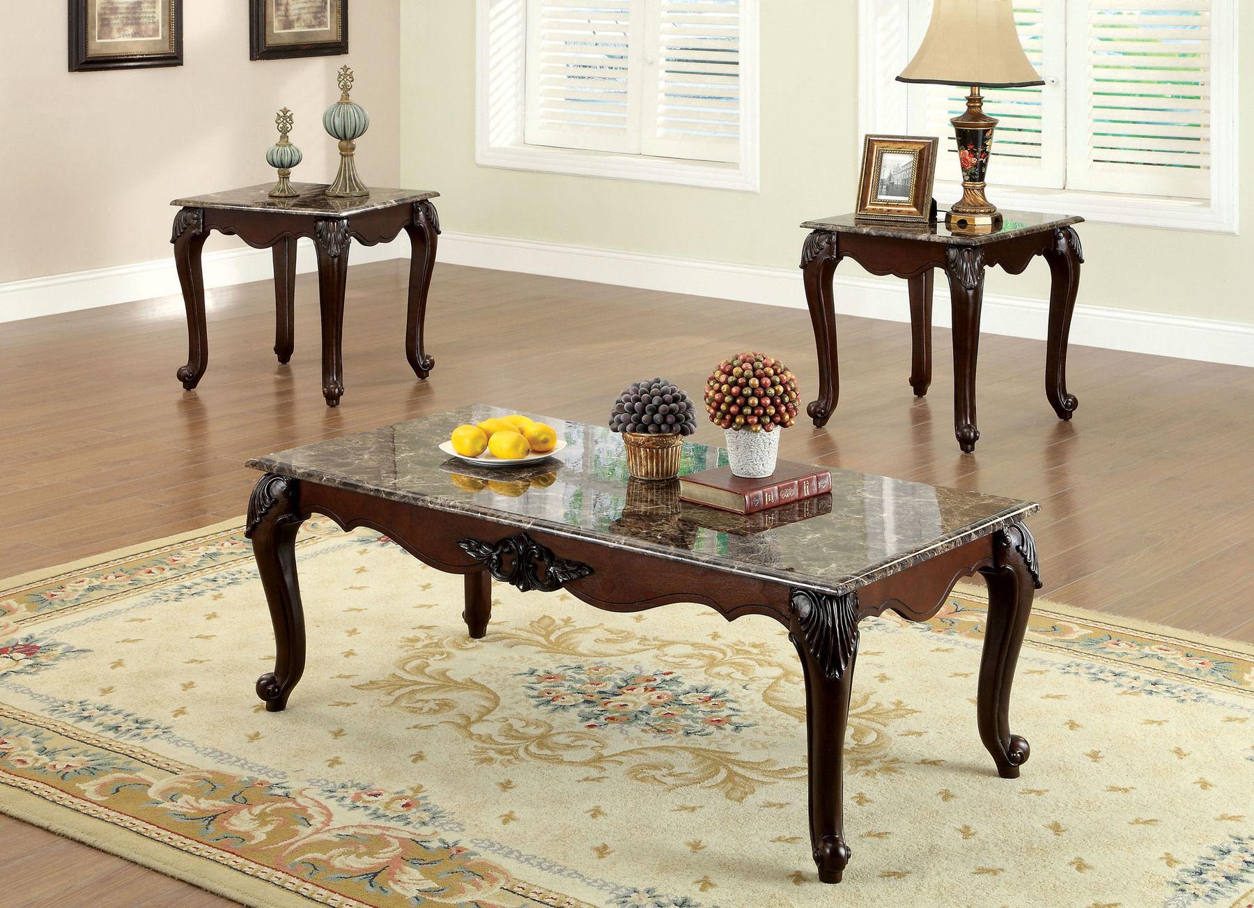 

    
Traditional Dark Cherry Faux Marble Coffee Table Set 3pcs Furniture of America CM4423-3PK Colchester
