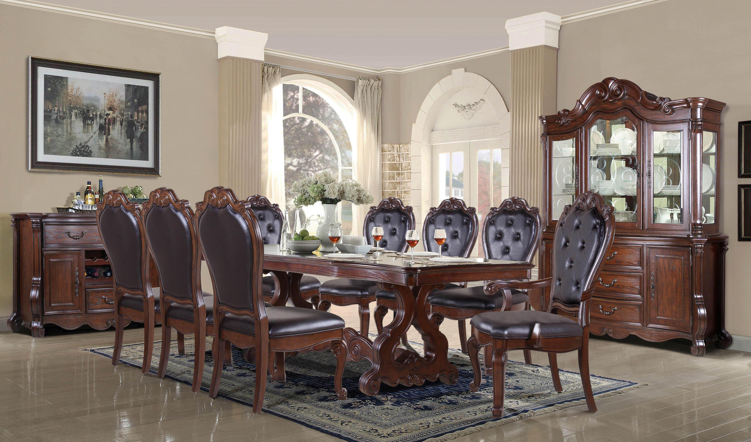 Traditional Dining Room Set D527 D527-8PC in Cherry Faux Leather