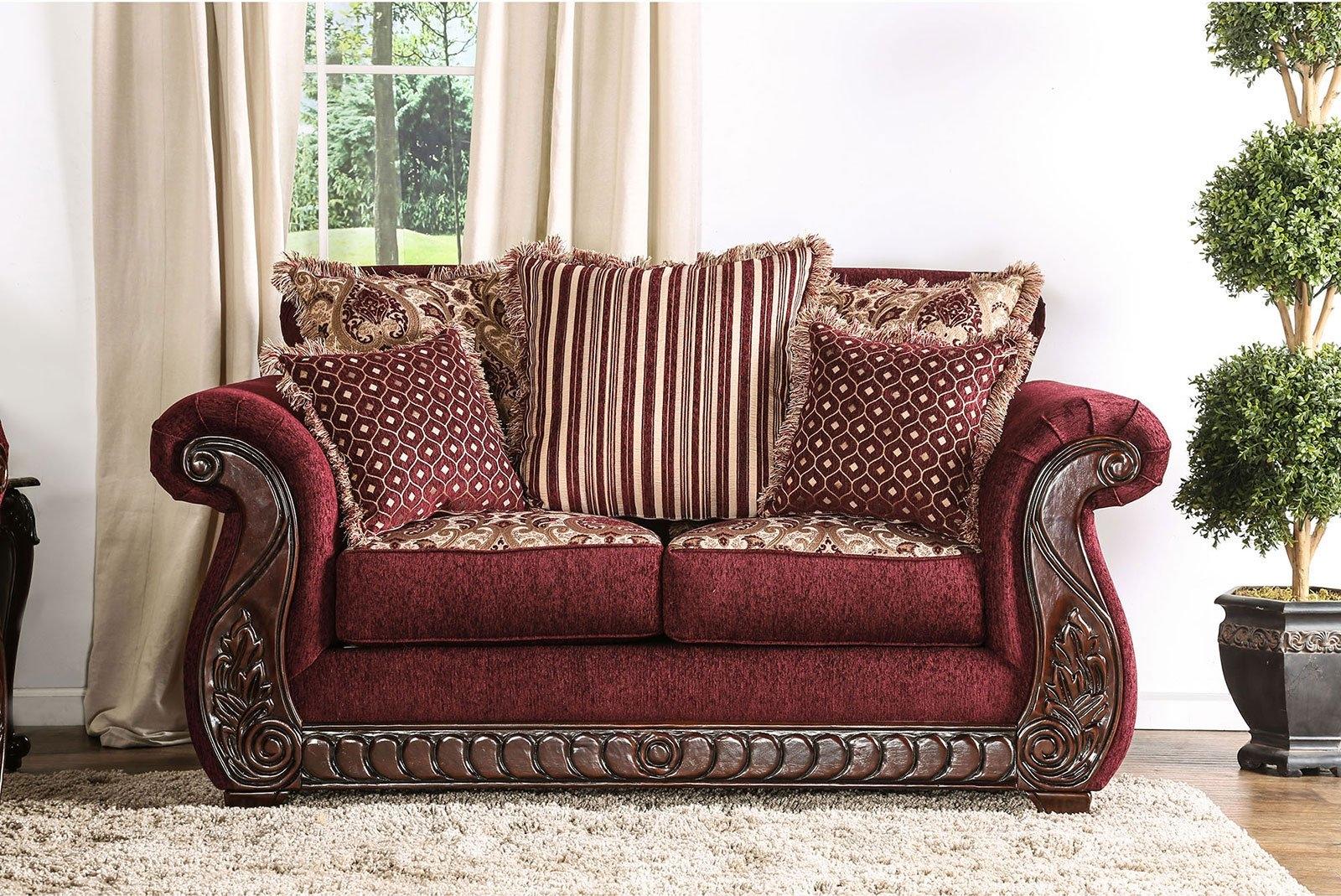 

    
Wine & Gold Fabric Loveseat TABITHA SM6110-LV Furniture of America Traditional
