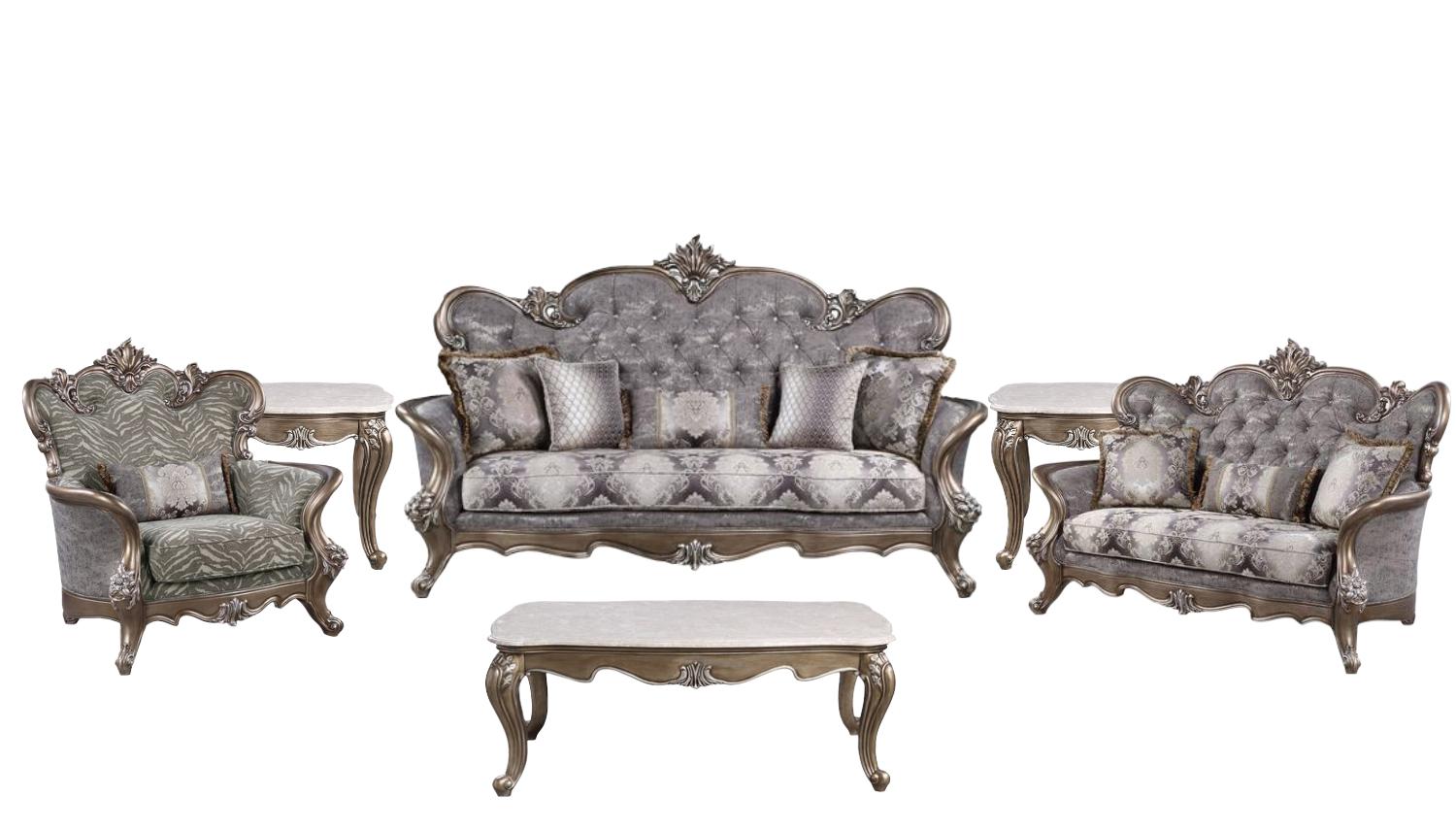 Traditional Sofa Loveseat Chair Coffee Table Two End Tables Elozzol LV00299-6pcs in Gray Fabric
