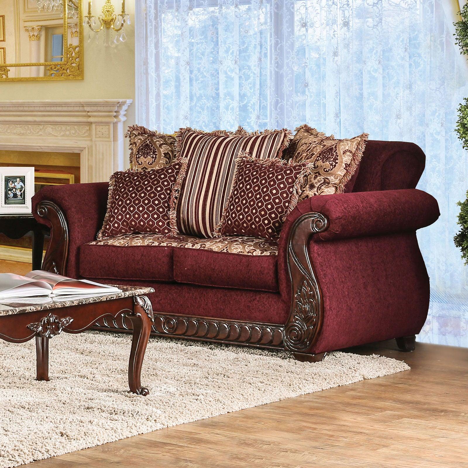 

    
Furniture of America SM6110-6PC Tabitha Sofa Loveseat Chair Coffee Table Two End Tables Red SM6110-6PC
