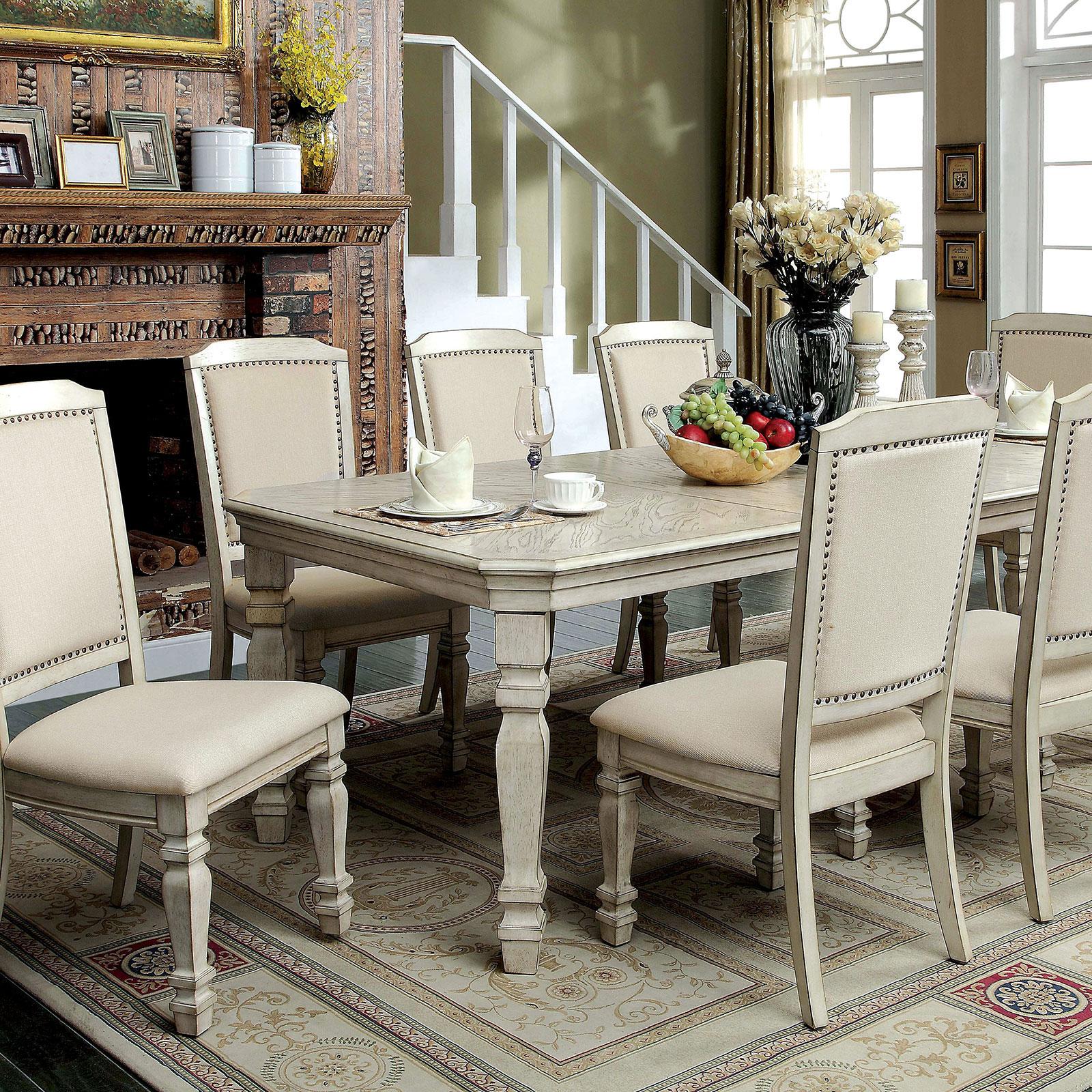 Transitional Dining Table Set HOLCROFT CM3600T-Set-7 CM3600T-Set-7 in Antique White, Ivory Fabric