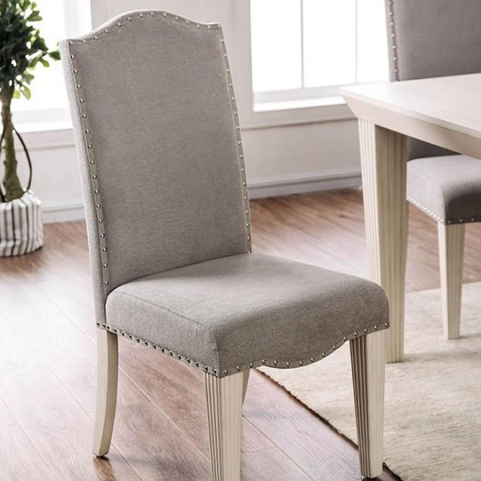 

    
Transitional Antique White & Gray Solid Wood Side Chairs Set 2pcs Furniture of America CM3630SC-2PK Daniella
