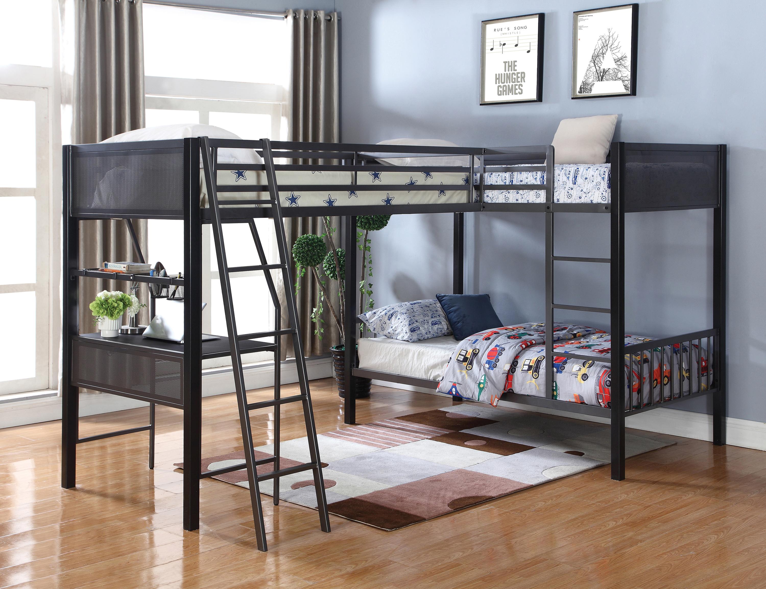 

    
Transitional Black Steel Twin/Twin Bunk Set 2pcs Bed Coaster 460390-S2 Meyers
