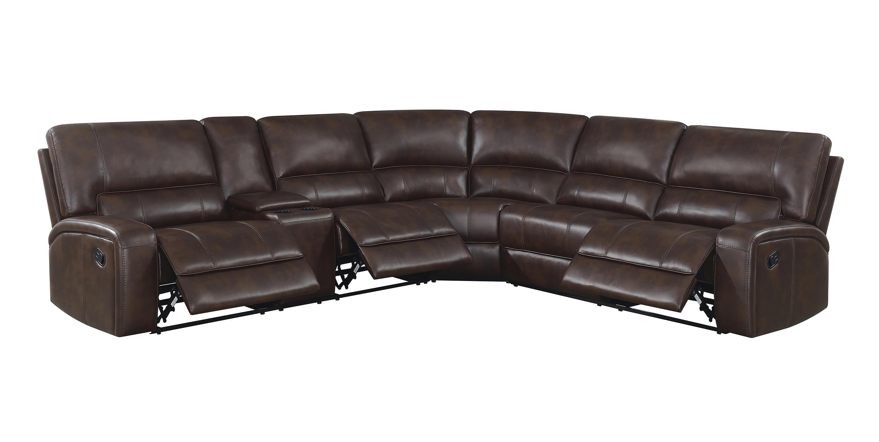 

    
Transitional Brown Leatherette3-Piece Motion Sectional Coaster 600440 Brunson
