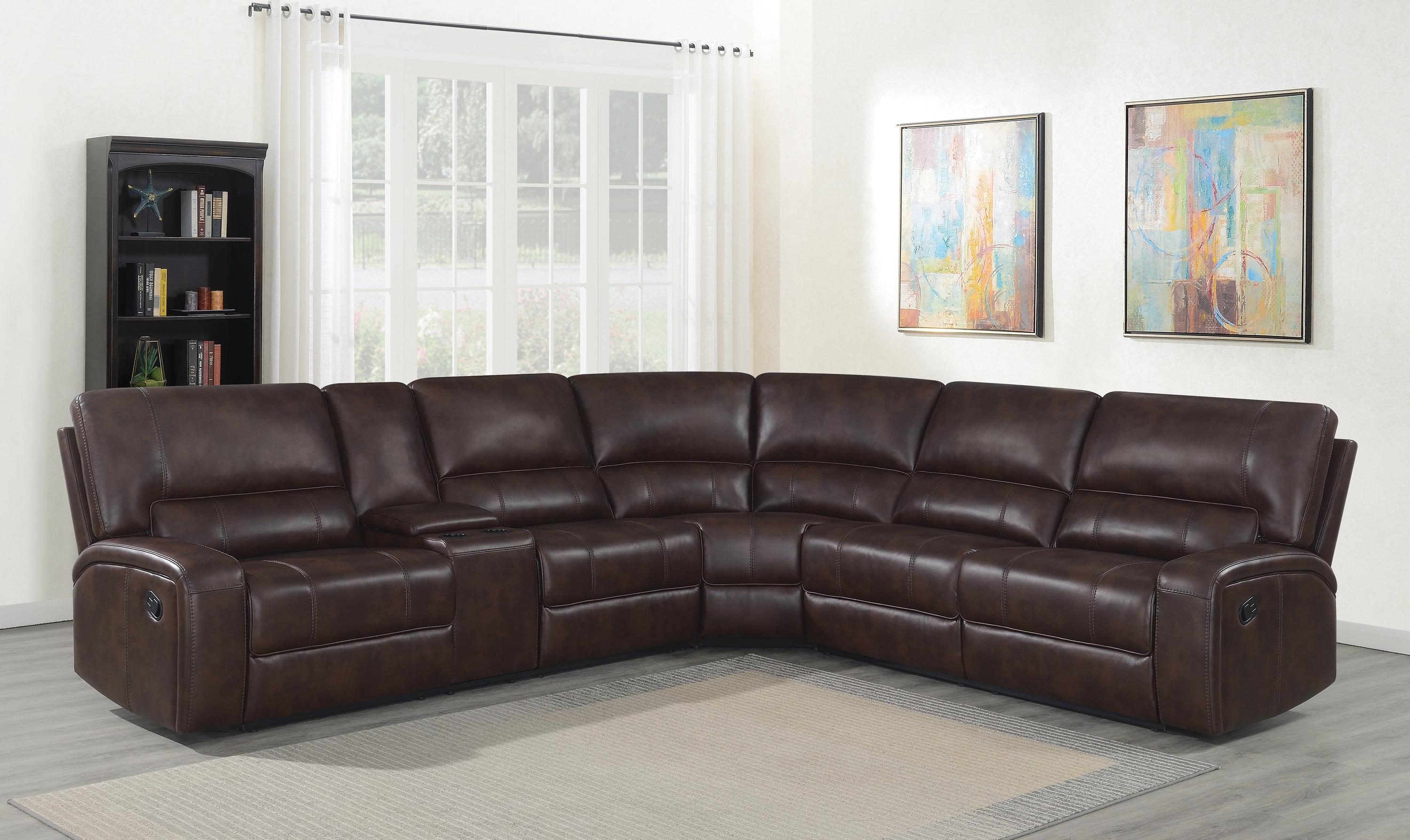 

    
600440 Transitional Brown Leatherette3-Piece Motion Sectional Coaster 600440 Brunson
