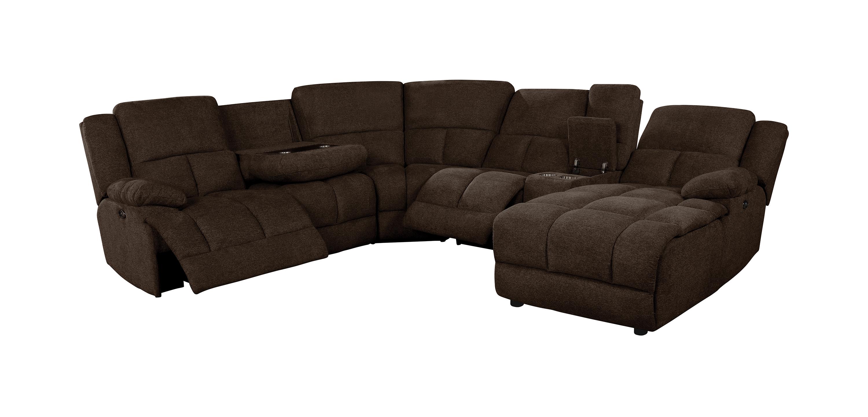

    
Transitional Brown Performance Fabric 6-Piece Motion Sectional Coaster 602570 Belize
