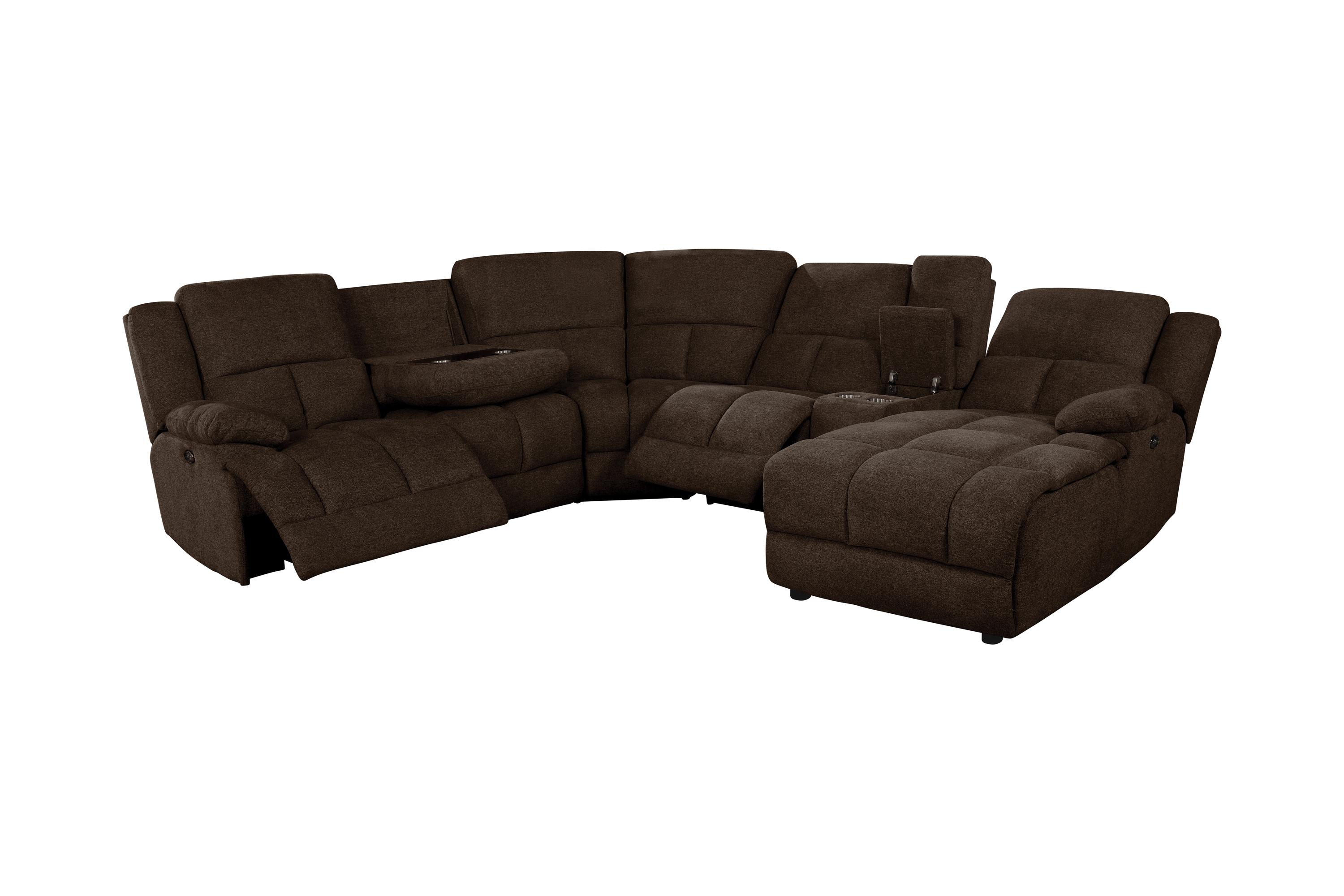 

    
Transitional Brown Performance Fabric 6-Piece Power Sectional Coaster 602570P Belize
