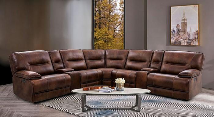 

    
Transitional Brown Solid Wood Power Reclining Sectional Sofa Furniture of America Louella CM9905-SS

