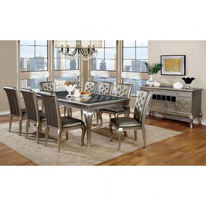 

    
Transitional Champagne Solid Wood & Glass Dining Table Set 10pcs w/Server Furniture of America Amina
