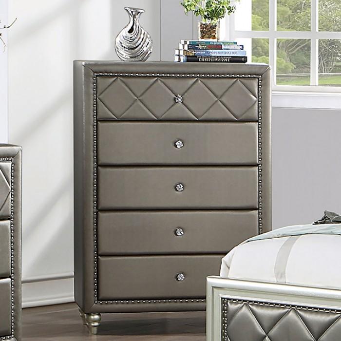 Transitional Chest Xandria Chest FOA7224CPN-C FOA7224CPN-C in Warm Gray, Champagne Leatherette