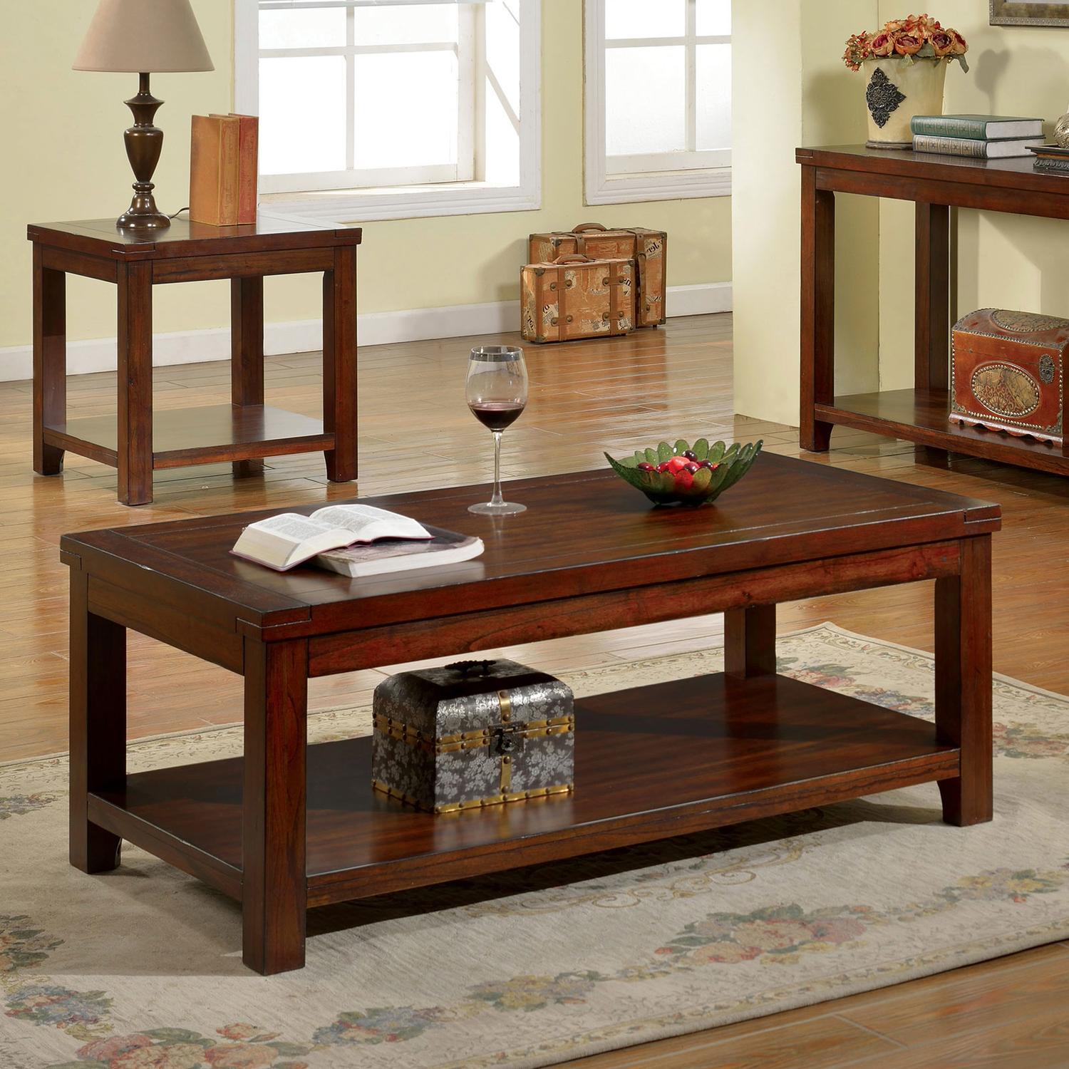 

    
Transitional Dark Cherry Solid Wood Coffee Table Set 3pcs Furniture of America Estell
