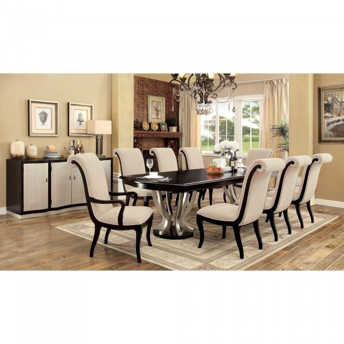 

    
Transitional Espresso & Beige Solid Wood Dining Room Set 10pcs Furniture of America Ornette
