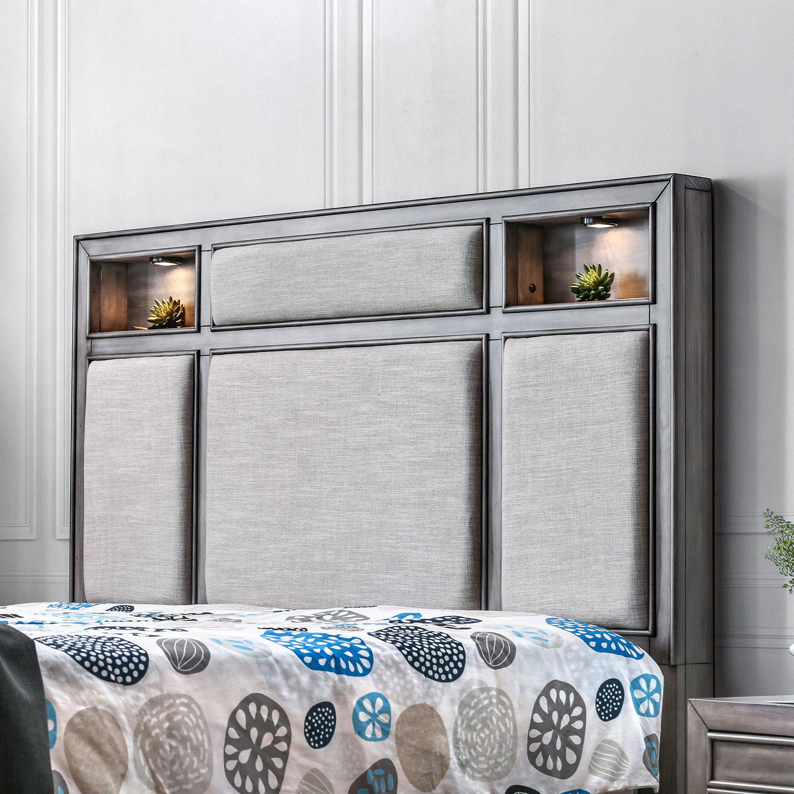 

    
Furniture of America DAPHNE CM7556CK Panel Bed Gray CM7556CK-BED
