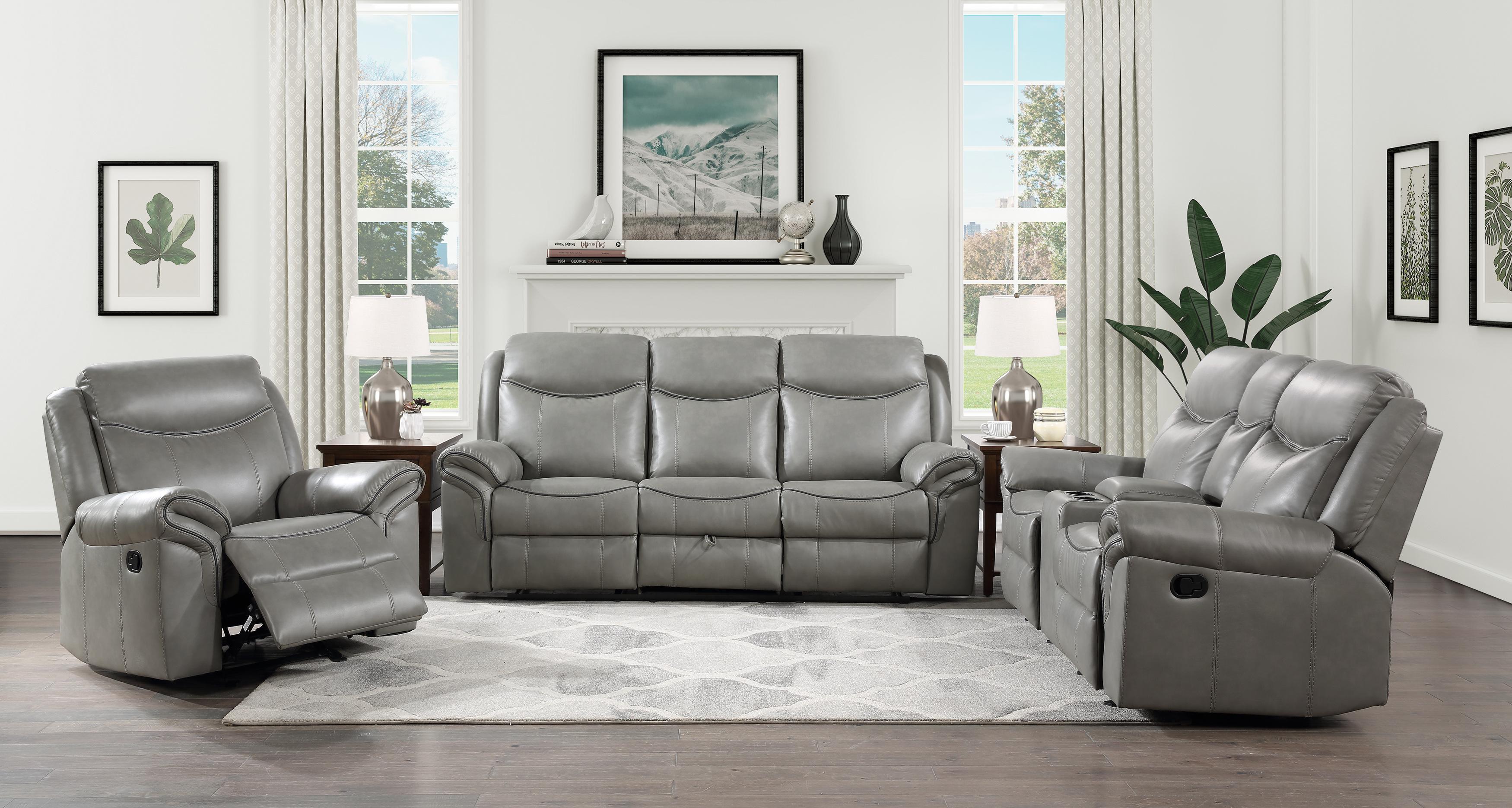 

                    
Buy Transitional Gray Faux Leather Reclining Sofa Homelegance 8206GRY-3 Aram
