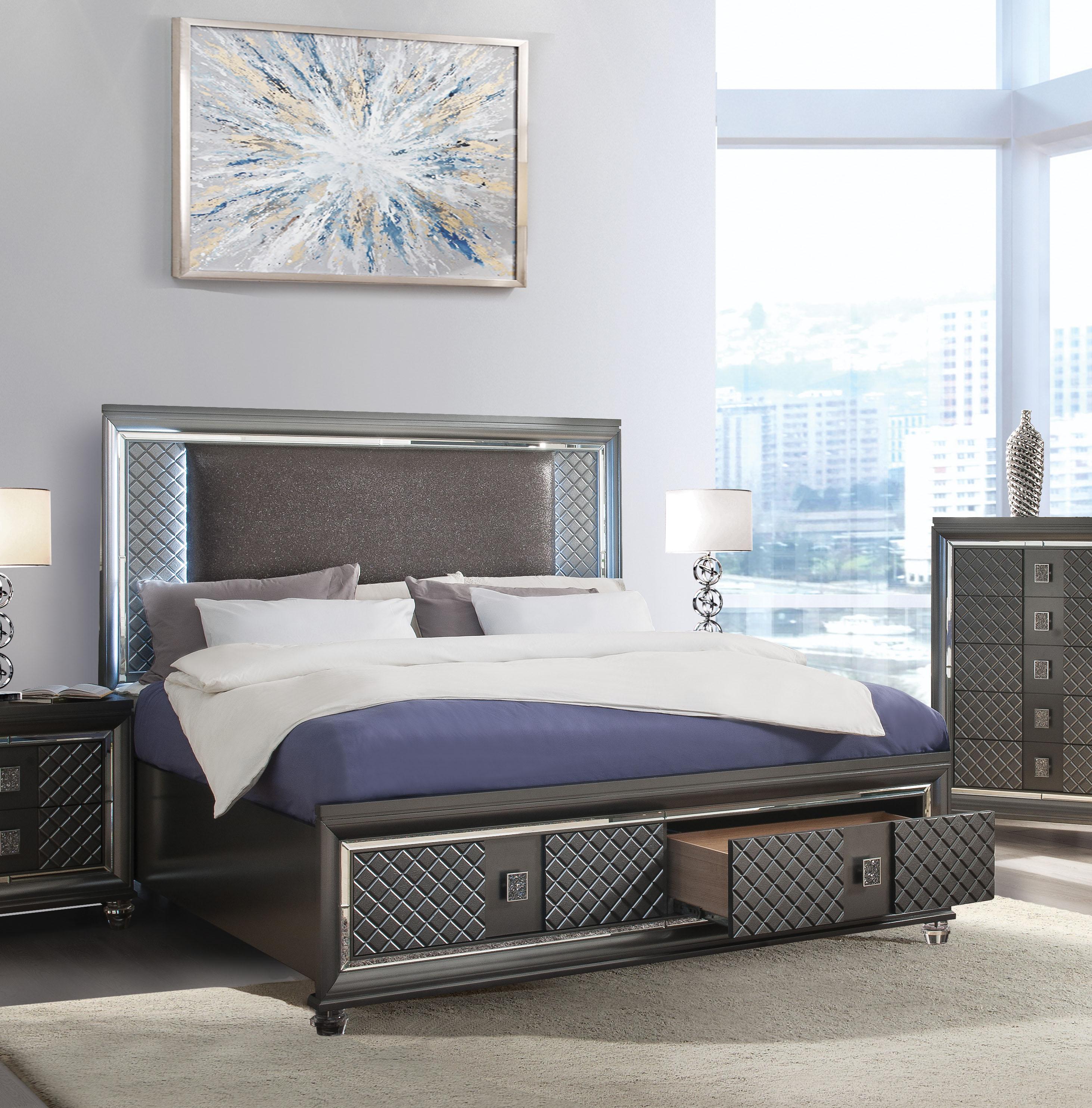 

    
Transitional Metallic Gray Finish Storage Queen Bed Sawyer-27970Q  Acme
