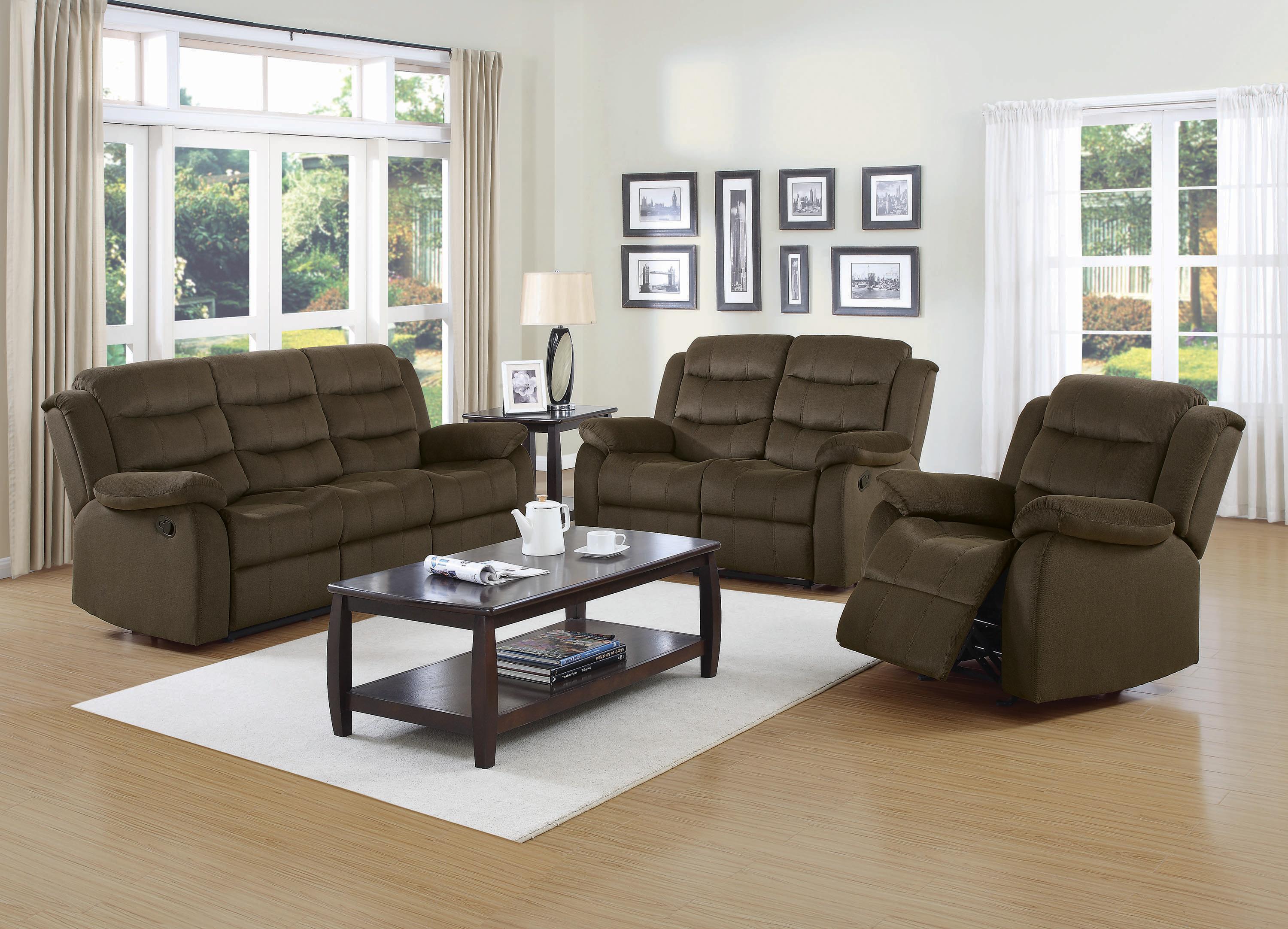 

    
Transitional Olive Brown Microvelvet Living Room Set 2pcs Coaster 601881-S2 Rodman
