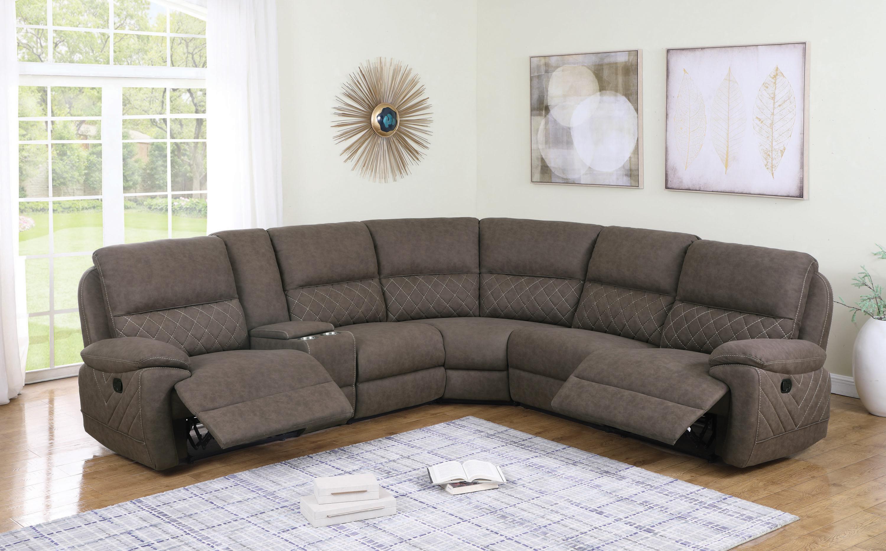 

    
Transitional Taupe Faux Suede 6-Piece Motion Sectional Coaster 608980 Variel
