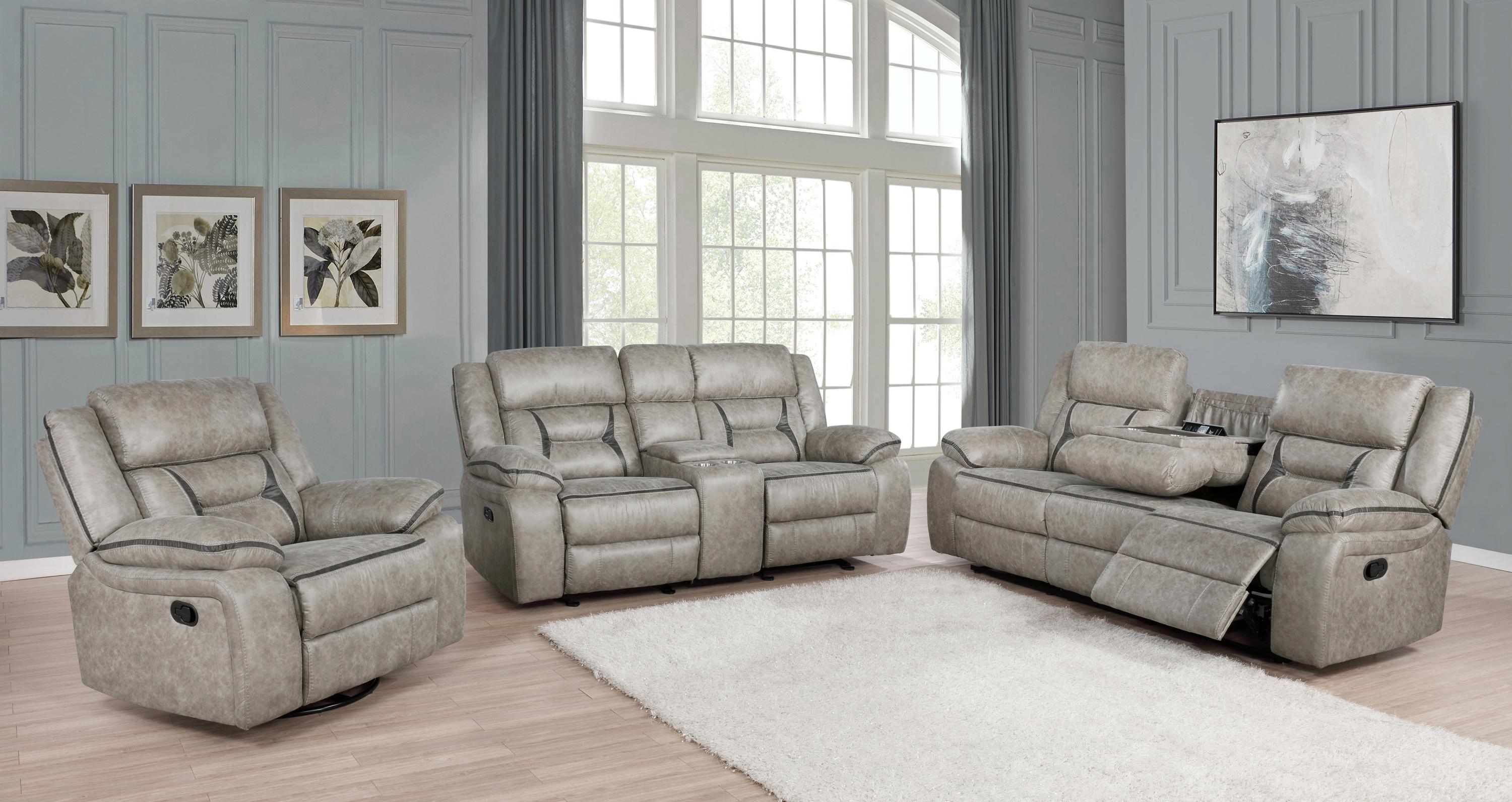 

    
651351 Transitional Taupe Leatherette Motion Sofa Coaster 651351 Greer
