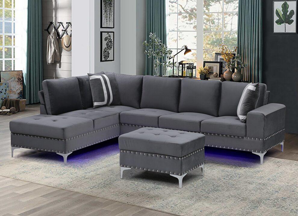 

    
U97 Contemporary Gray Velvet Sectional Sofa w/LED & Storage Ottoman Global USA
