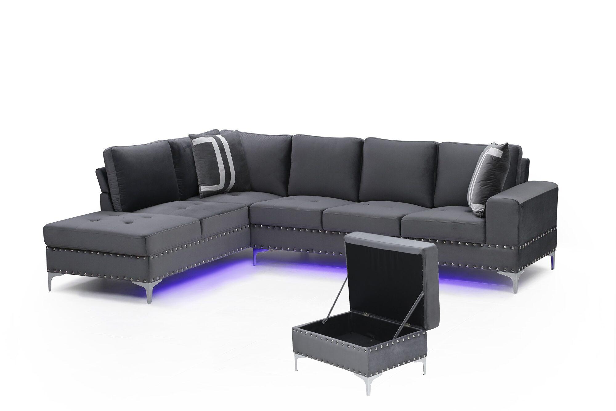 

    
U97 Contemporary Gray Velvet Sectional Sofa w/LED & Storage Ottoman Global USA
