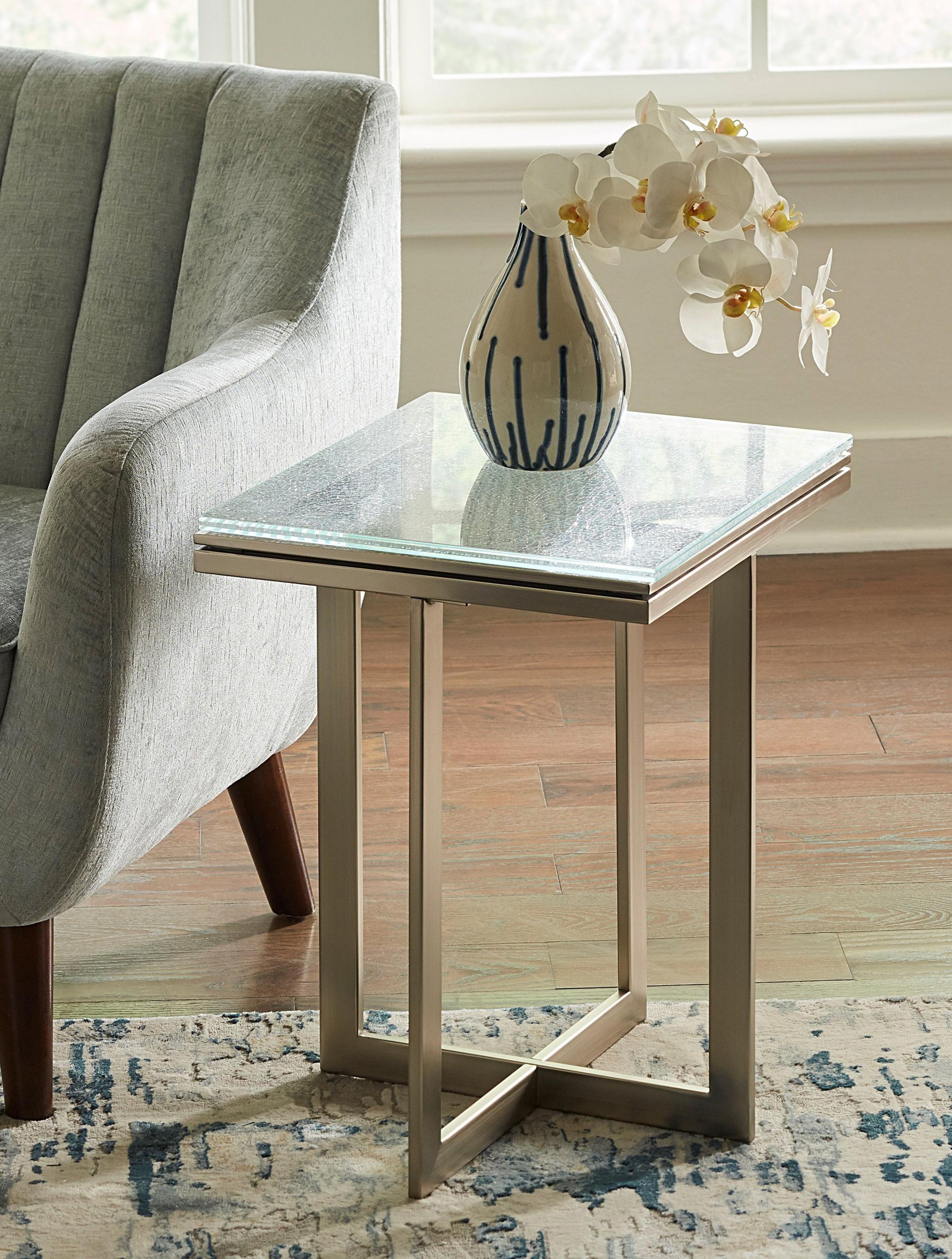 

    
Ultra-clear Crackled Glass Metal Base End Table ELIZA by Modus Furniture
