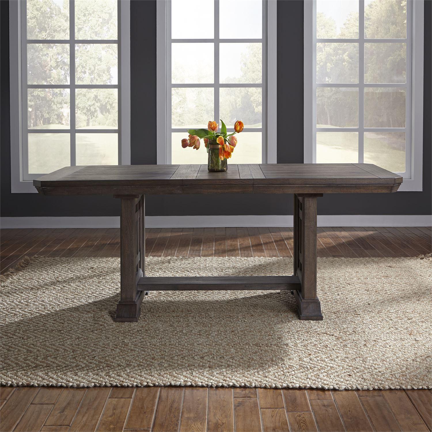 

    
Aged Oak Wood Trestle  Dining Table Artisan Prairie 823-DR-TRS Liberty Furniture
