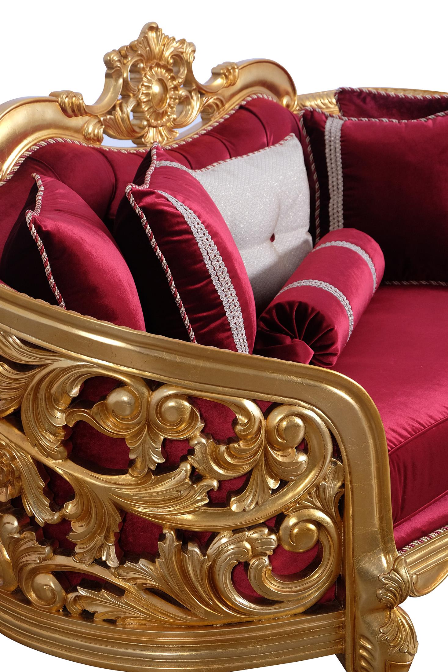 

    
30015-S-Set-6 Classic Burgundy Gold Fabric 30015 BELLAGIO II Sofa Set 6Pcs EUROPEAN FURNITURE
