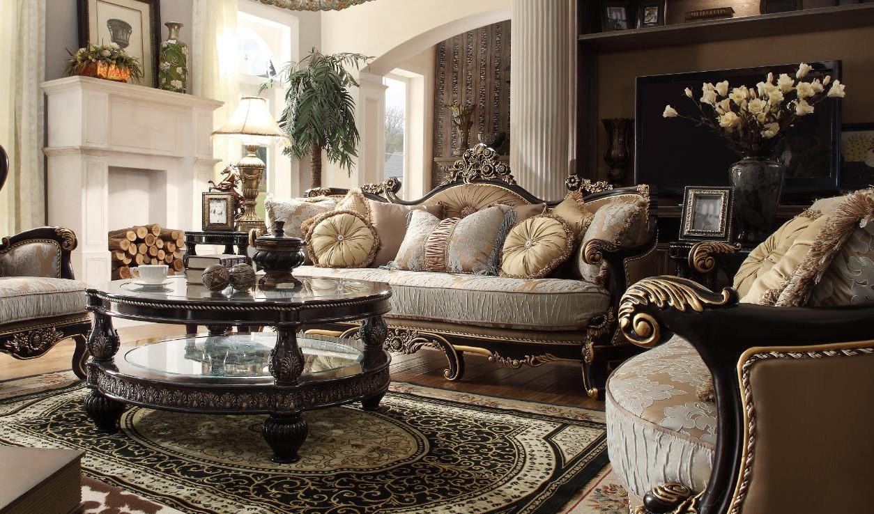 

    
Black Enamel & Antique Gold Finish Sofa Set 2Pcs Traditional Homey Design HD-551
