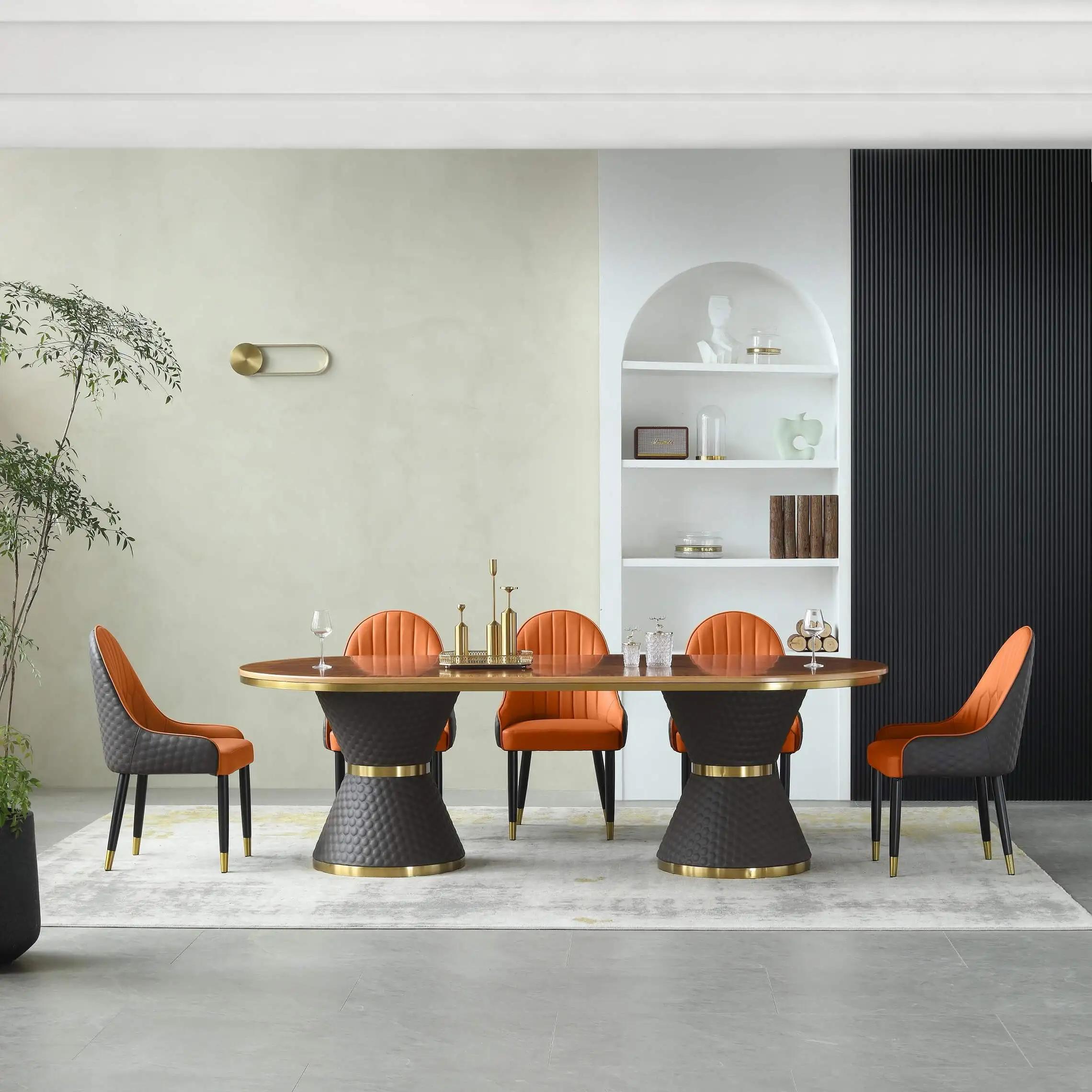 Modern Oval Dining Table Set VOGUE EF-27995-DT - EF-54450-OSC-7PC in Orange, Gold, Chocolate Faux Leather