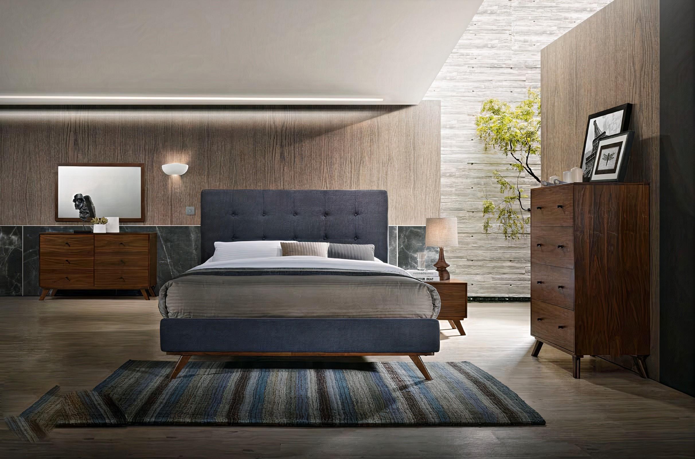 Contemporary, Modern Panel Bedroom Set Addison VGMABR-38-SET-Q-5pcs in Walnut, Gray Fabric