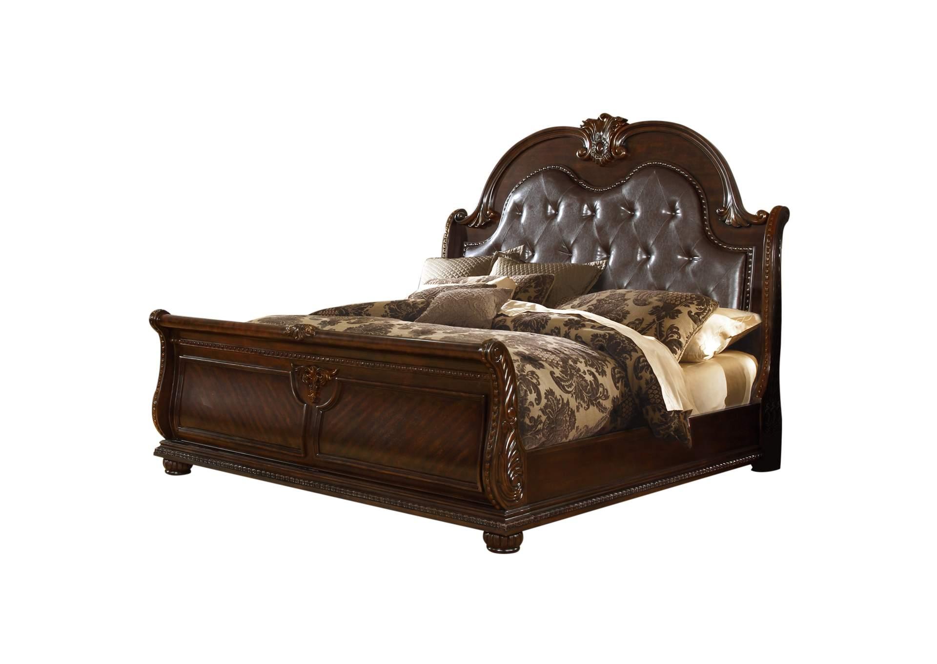 

    
Walnut Carved Wood Sleigh King Bed Set 5P ROMA Galaxy Home Traditional Classic
