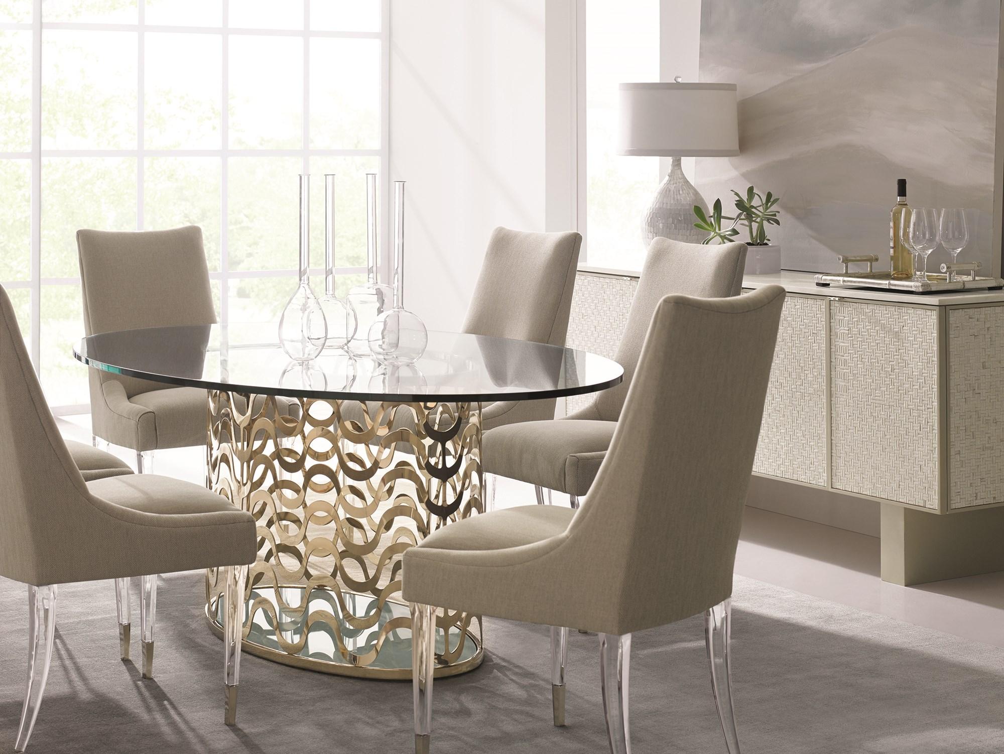 Contemporary Dining Table Set WAVELENGTH CLA-416-203-Set-6 in Clear, Gold, Beige Fabric