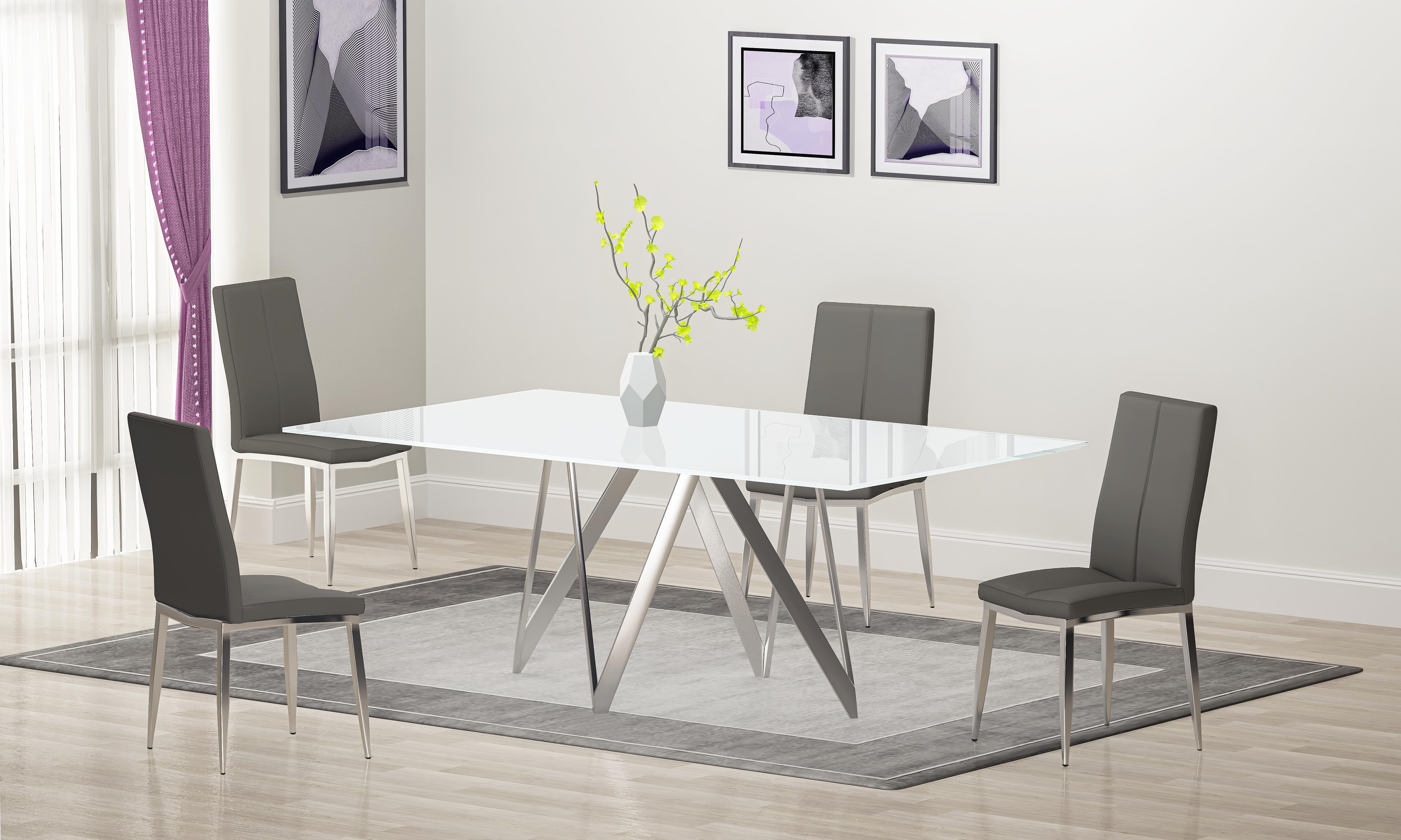 

    
White Glass Top Dining Set 5 Pcs w/ Grey Eco Leather Chairs Modern Abigail by Chintaly Imports
