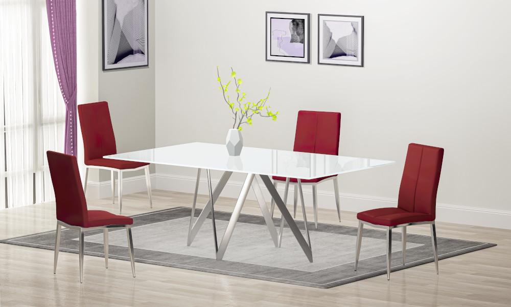 

    
White Glass Top Dining Set 5 Pcs w/ Red Eco Leather Chairs Modern Abigail by Chintaly Imports
