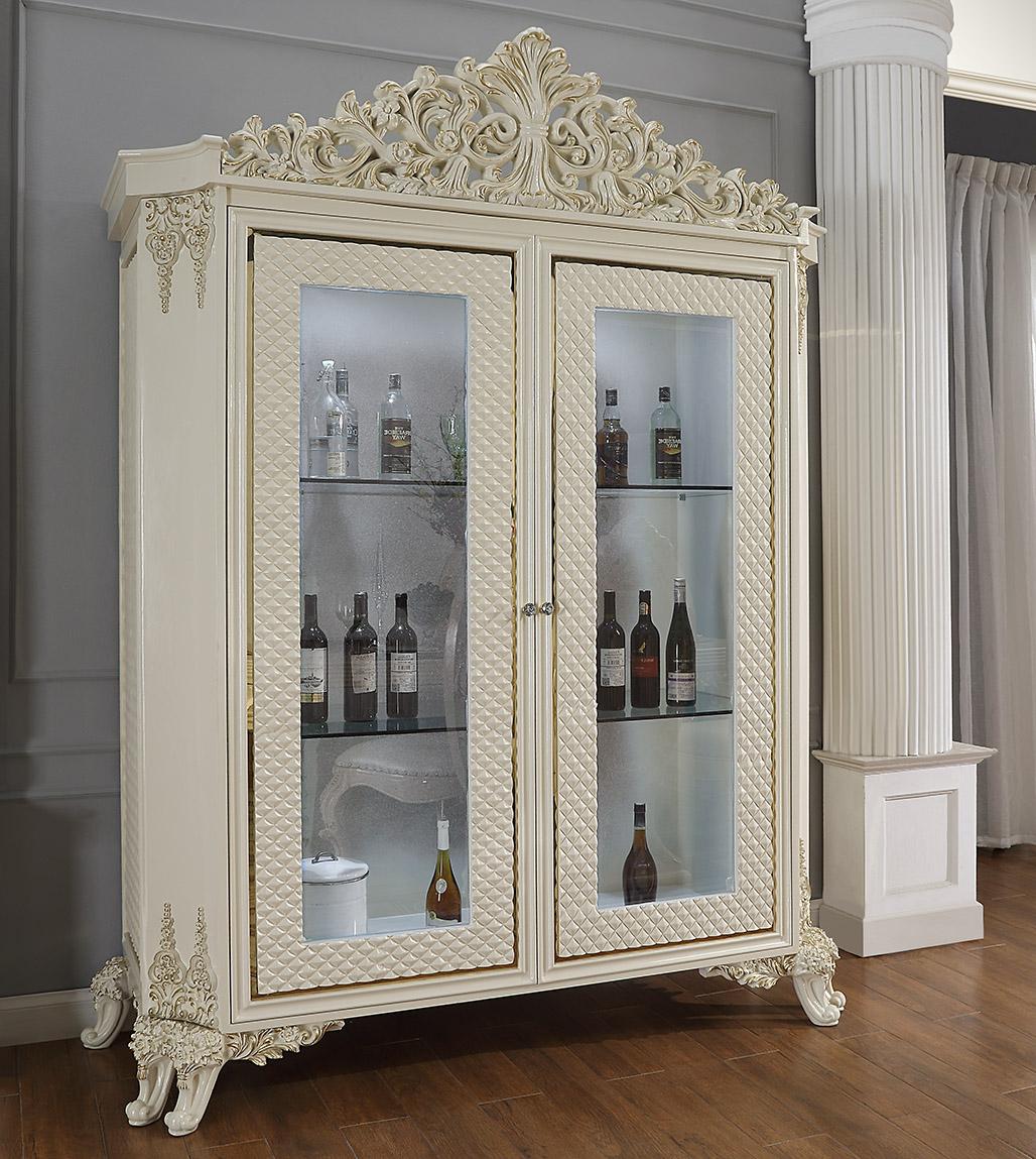 

    
White Gloss & Gold Brush China Cabinet Traditional Homey Design HD-8091
