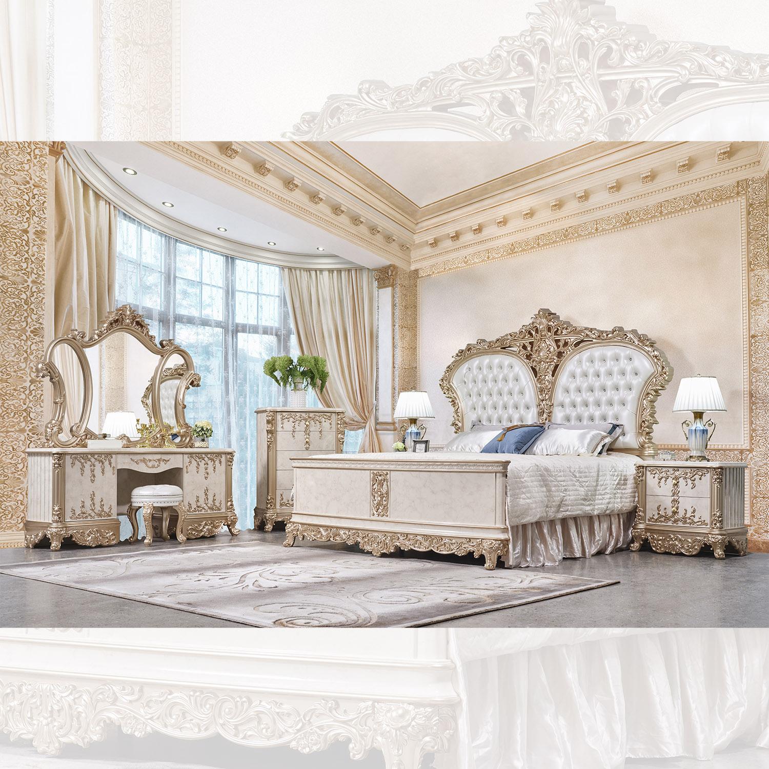 Traditional Sleigh Bedroom Set HD-BED9102-SET HD-BED9102-SET in White, Gold Leather